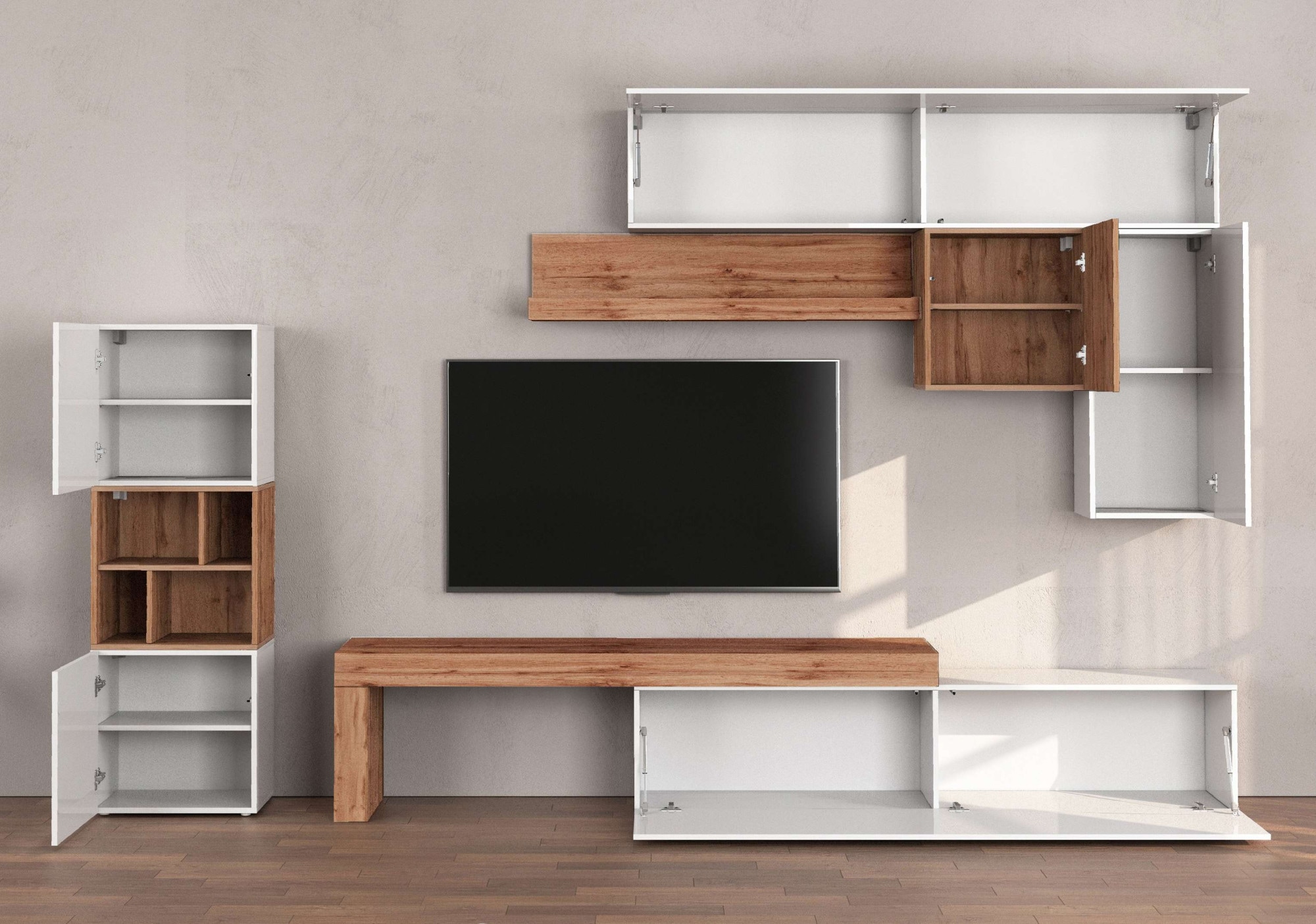 INOSIGN Wohnwand »Chronos Wohnwand, Medienwand, 8-er set«, (Set, 8 St.), ca. 320 cm mit Hängeschränke, Würfel, Regal, Lowboard, Made in Italy
