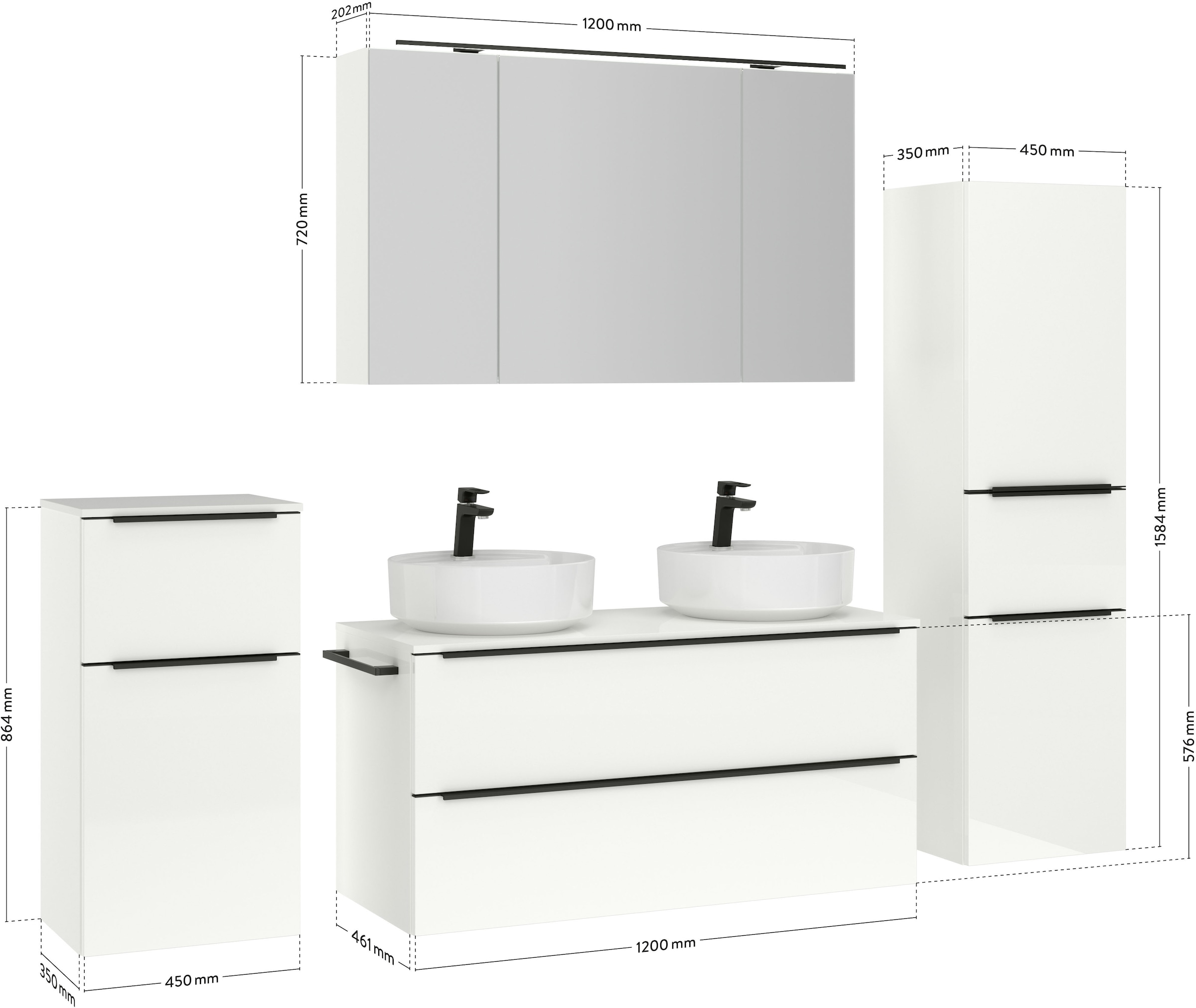 nobilia® Badmöbel-Set »Alvene«, (4 St., vormontiert, mit Soft-Close), inkl. Spiegelschrank mit Beleuchtung und Dimmerfunktion, in 4 Breiten