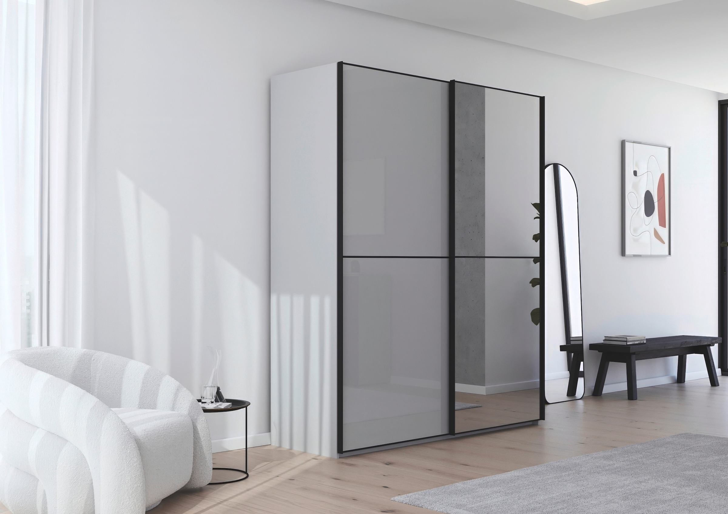 rauch Schwebetürenschrank »Kleiderschrank Schrank Garderobe Schlafzimmerschrank SCALE-DUO«, edle zweigeteilte Türen Spiegel/Glas-Mix 3 Zierleisten MADE IN GERMANY