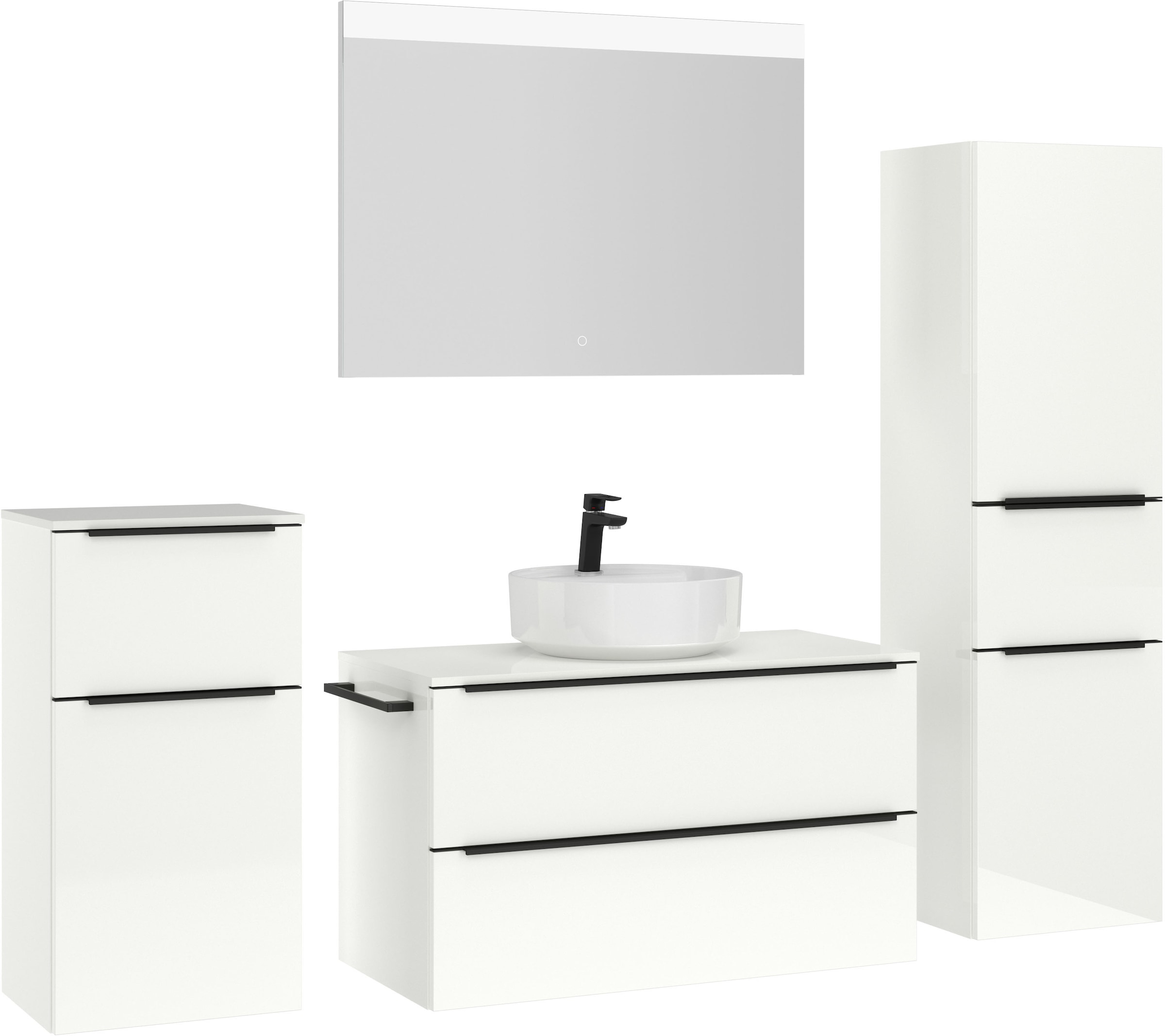 nobilia® Badmöbel-Set »Alvene«, (4 St., vormontiert, mit Soft-Close), Hochglanz, inkl. Spiegel mit Touch-Sensor, in vier Breiten