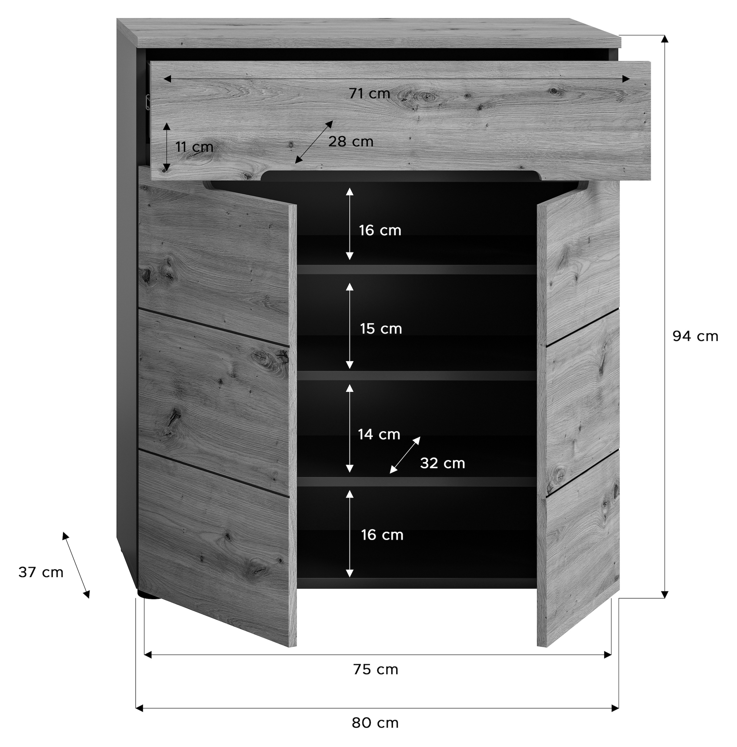 INOSIGN Schuhkommode »Rehat, Breite 80cm, Basalt grau/Artisan Eiche, 2 Türen, 1 Schubkasten«, Schuhschrank, Kommode, Garderobenschrank, Anrichte