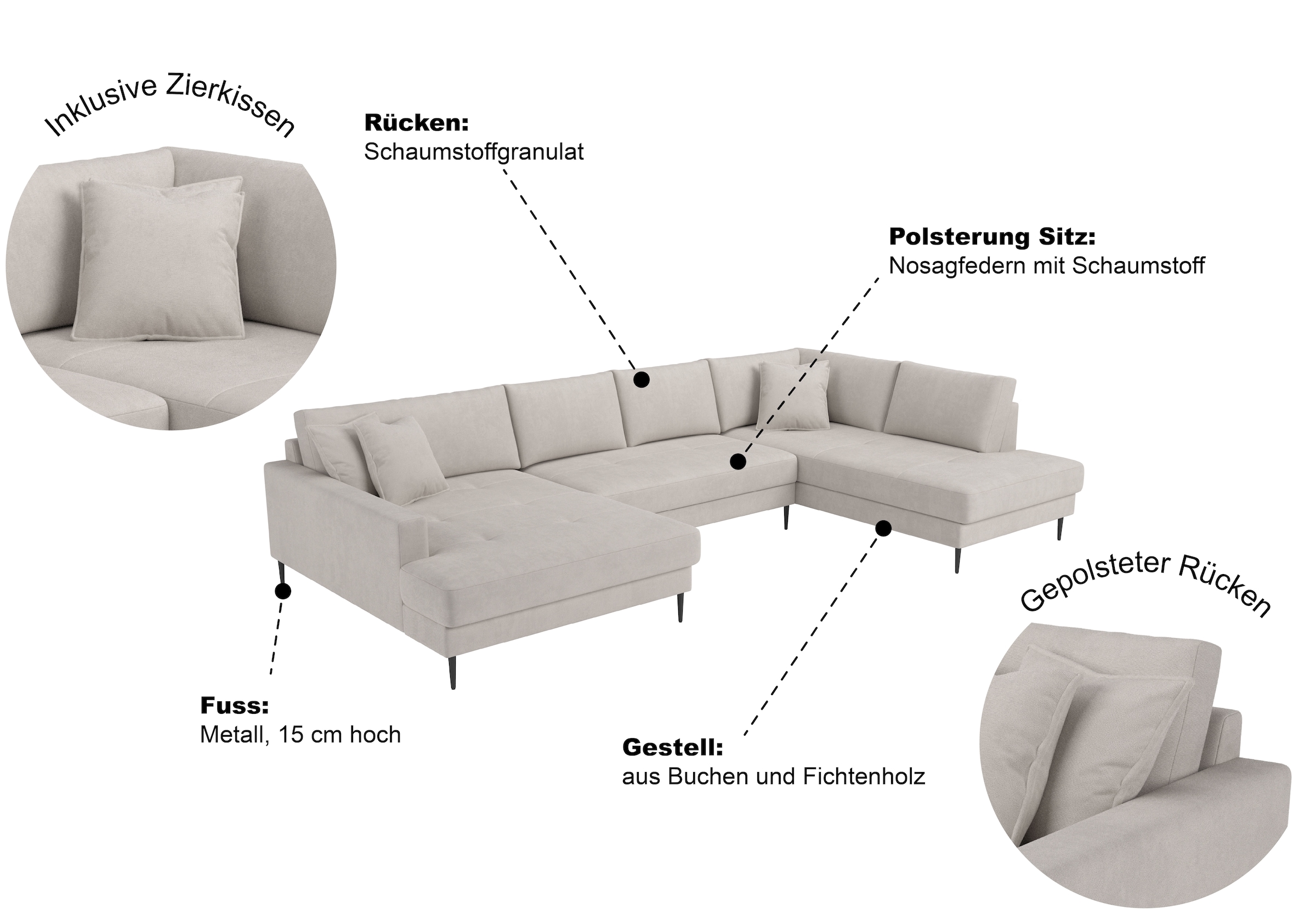 OTTO home Wohnlandschaft »Summer U-Form, B: 360 cm mit Zierkissen« moderne Couch in Cord & Strukturstoff