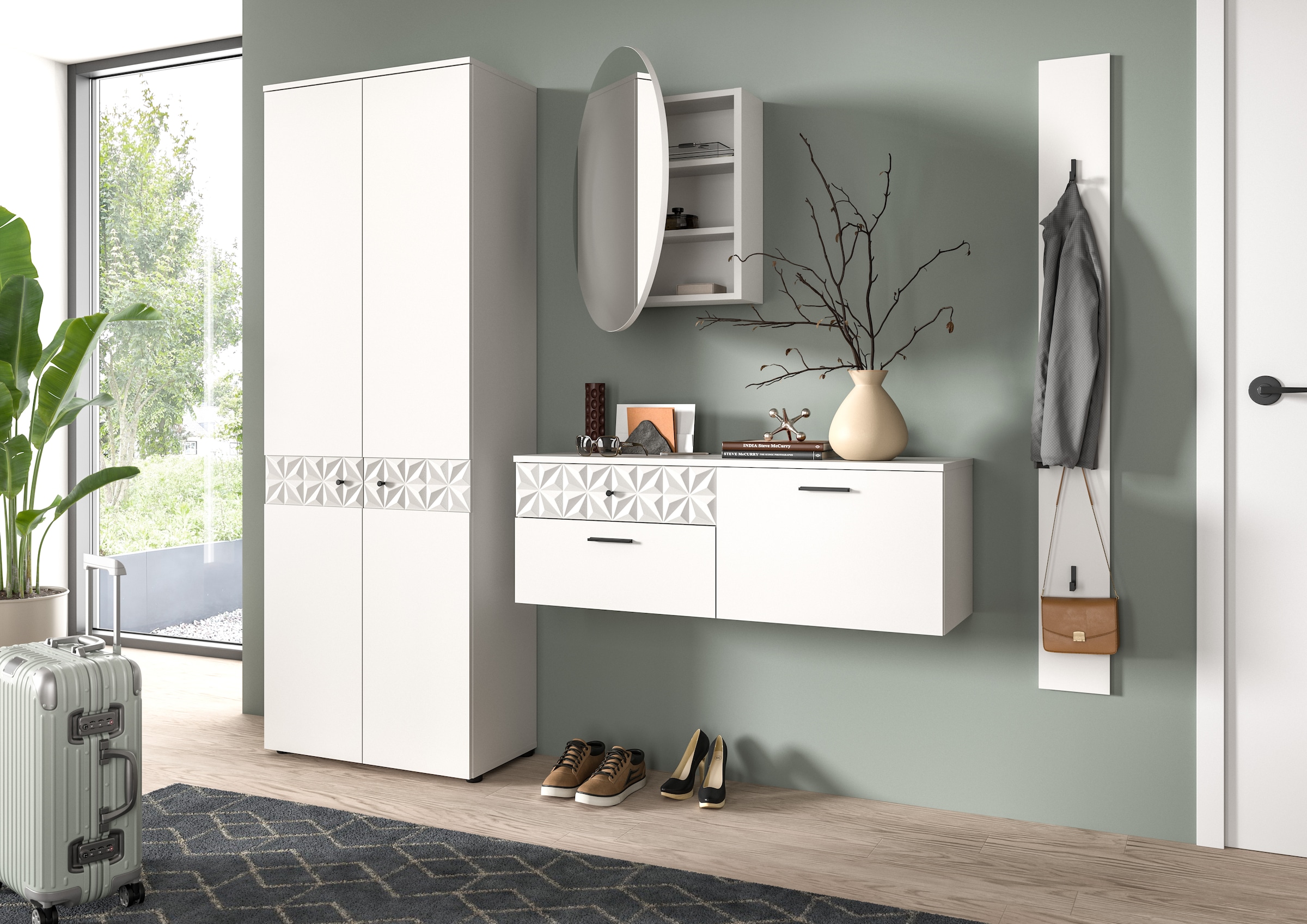 INOSIGN Garderoben-Set »VICENZA, 4-tlg., mit foraler Ornamentabsetzung in der Front«, (4 St.), best. aus.: Garderobenschrank, Schuhschrank, Spiegelschrank & Paneel