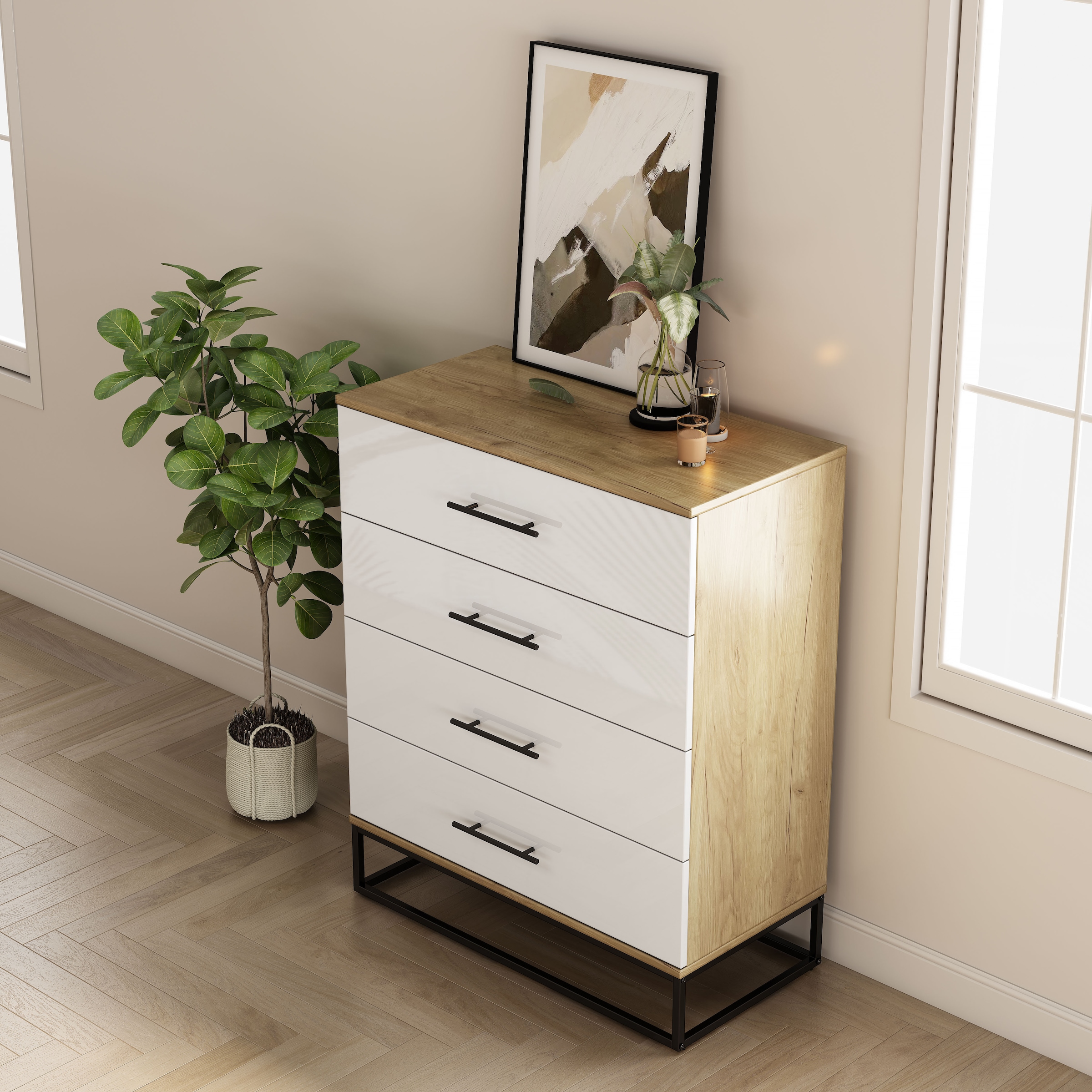 OTTO home Schubkastenkommode »Lucca Sideboard mit schwarzen Griffen 4 Schubladen Kufengestell« Hochwertige Hochglanzfronten in weiß, 