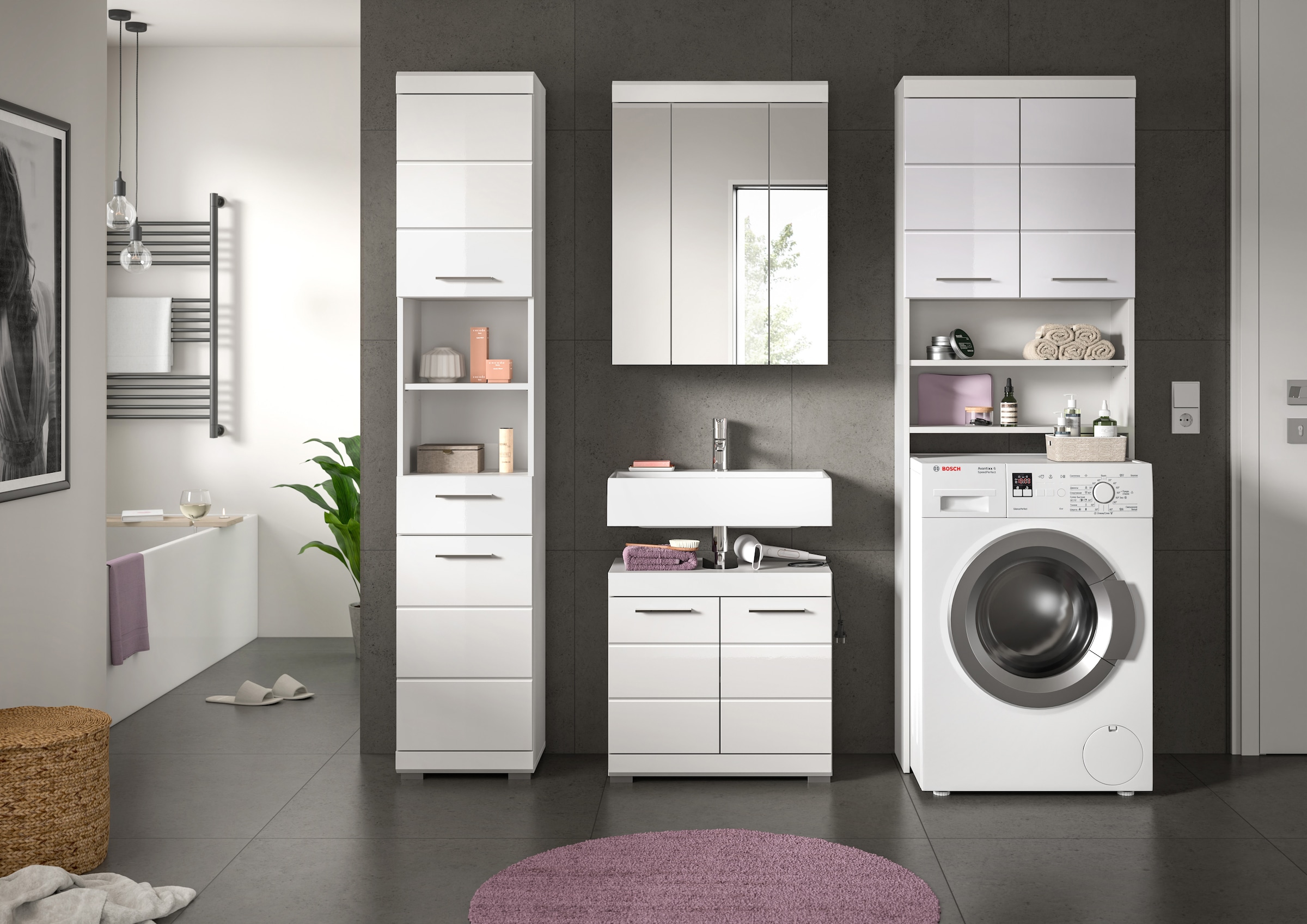 INOSIGN Badmöbel-Set »Siena, 4 teilig, bestehend aus:«, (Set), Hochschrank, WBU, Spiegelschrank, Waschmaschinenumbauschrank