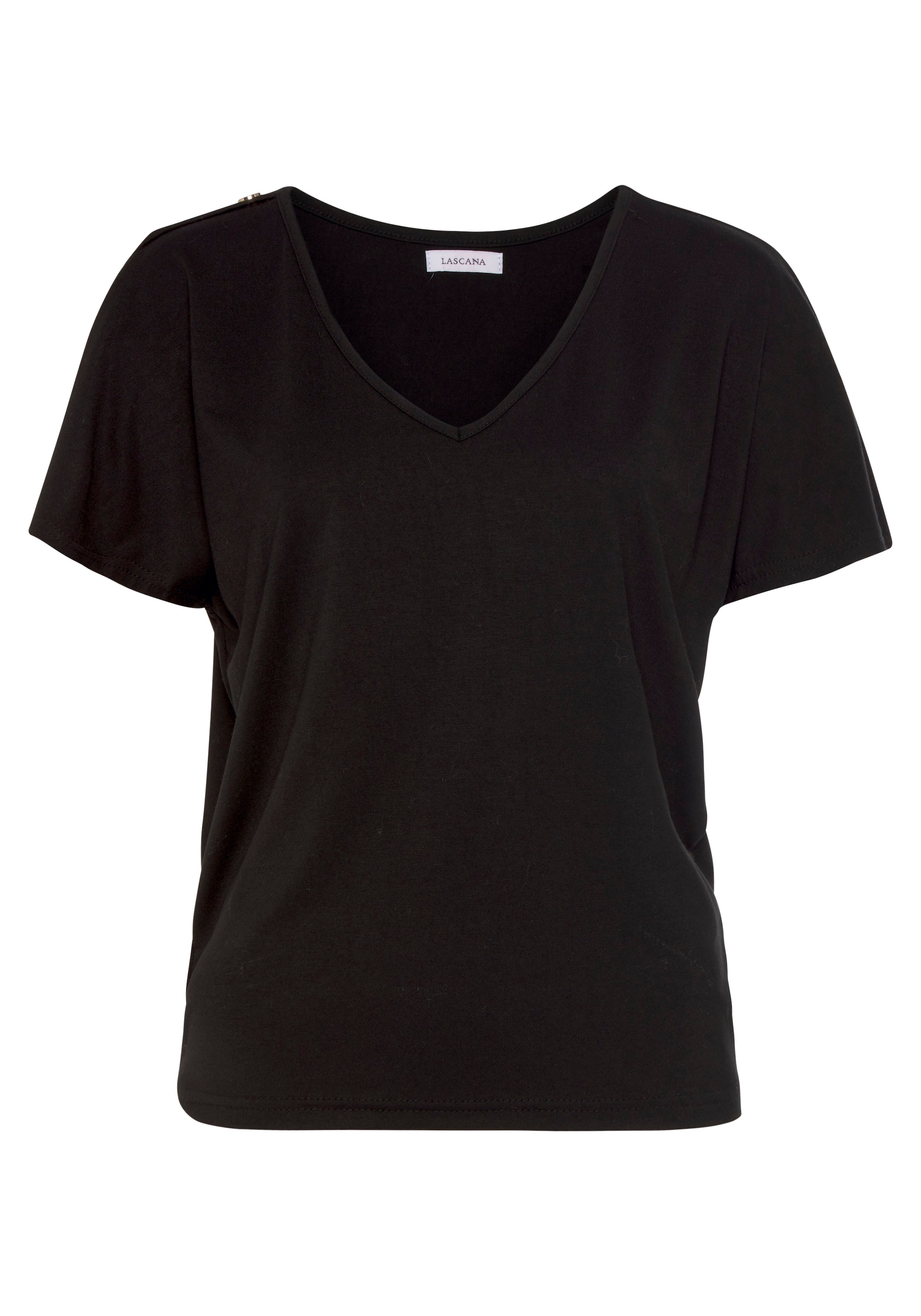 LASCANA Kurzarmshirt »mit goldfarbenen Zierknöpfen auf den Schultern« V-Shirt, Jerseyshirt, Basic, T-Shirt