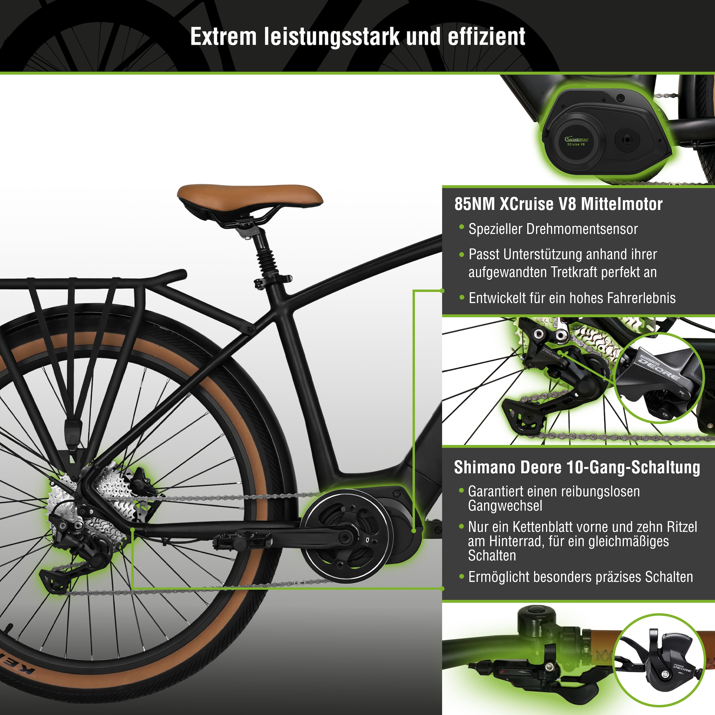 SachsenRad »S8« 10 Gang Magura Shimano Deore Schaltwerk Kettenschaltung Mittelmotor 250 W TFT Farb-LCD-Display, Fahrmodus Pedelec, 
LED-Frontlicht