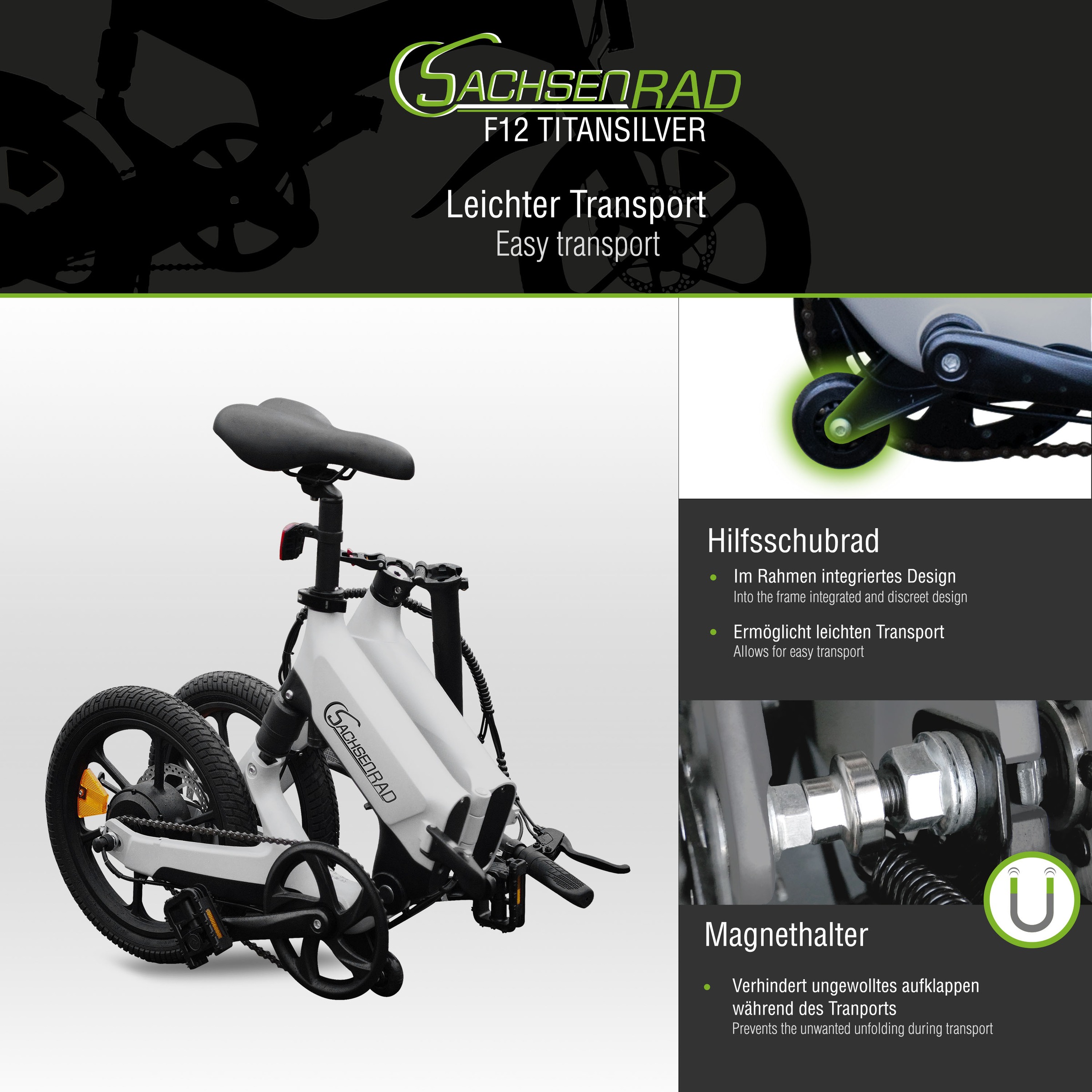 SachsenRad »F12« 1 Gang Shimano keine Schaltwerk ohne Schaltung Heckmotor 250 W LCD-Steuerdisplay, Fahrmodus Pedelec, 
LED-Frontlicht, LED Rücklicht