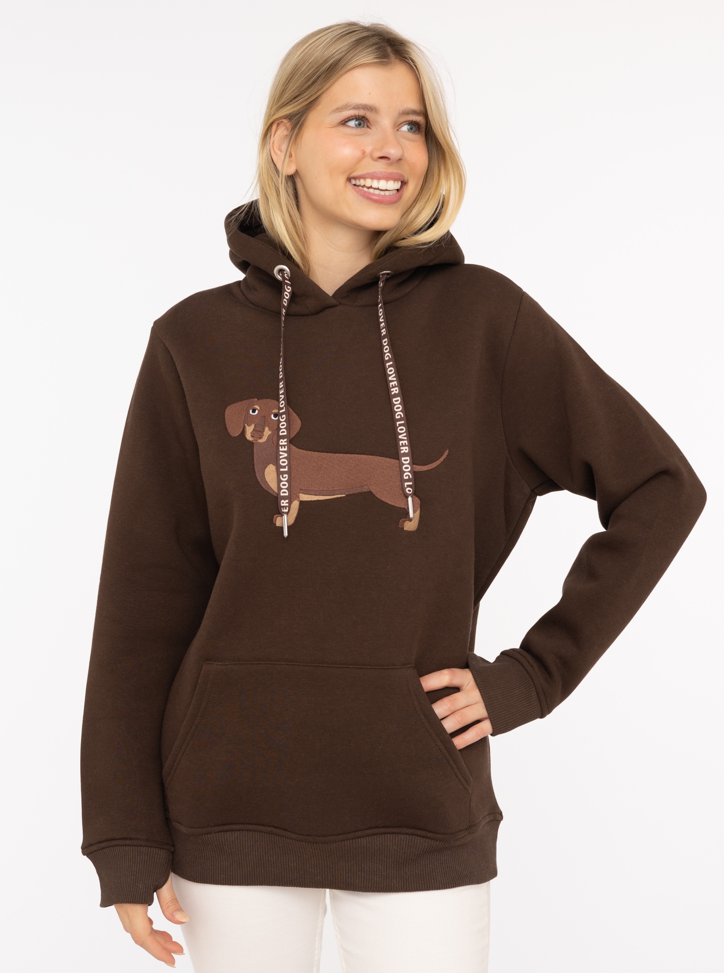 Zwillingsherz Hoodie »"Dackel"«, Stickerei vorne, weiche Fleeceinnenseite, bedruckte Kordel