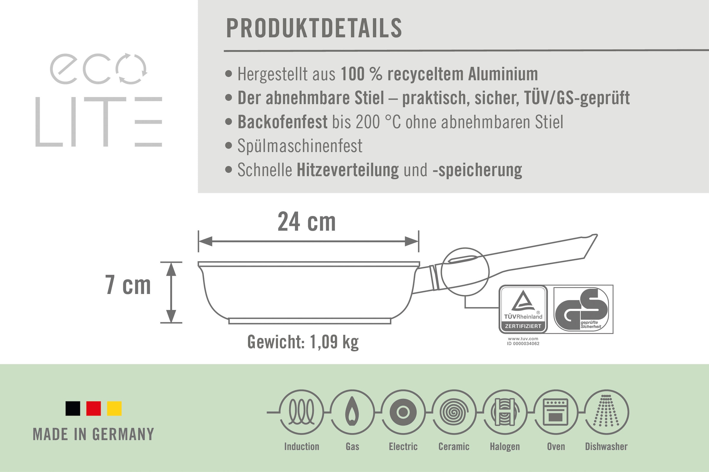 WOLL MADE IN GERMANY Bratpfanne »Eco Lite«, Aluminium, 24 cm, abriebfeste Saphir-Versiegelung, Induktion, Made in Germany