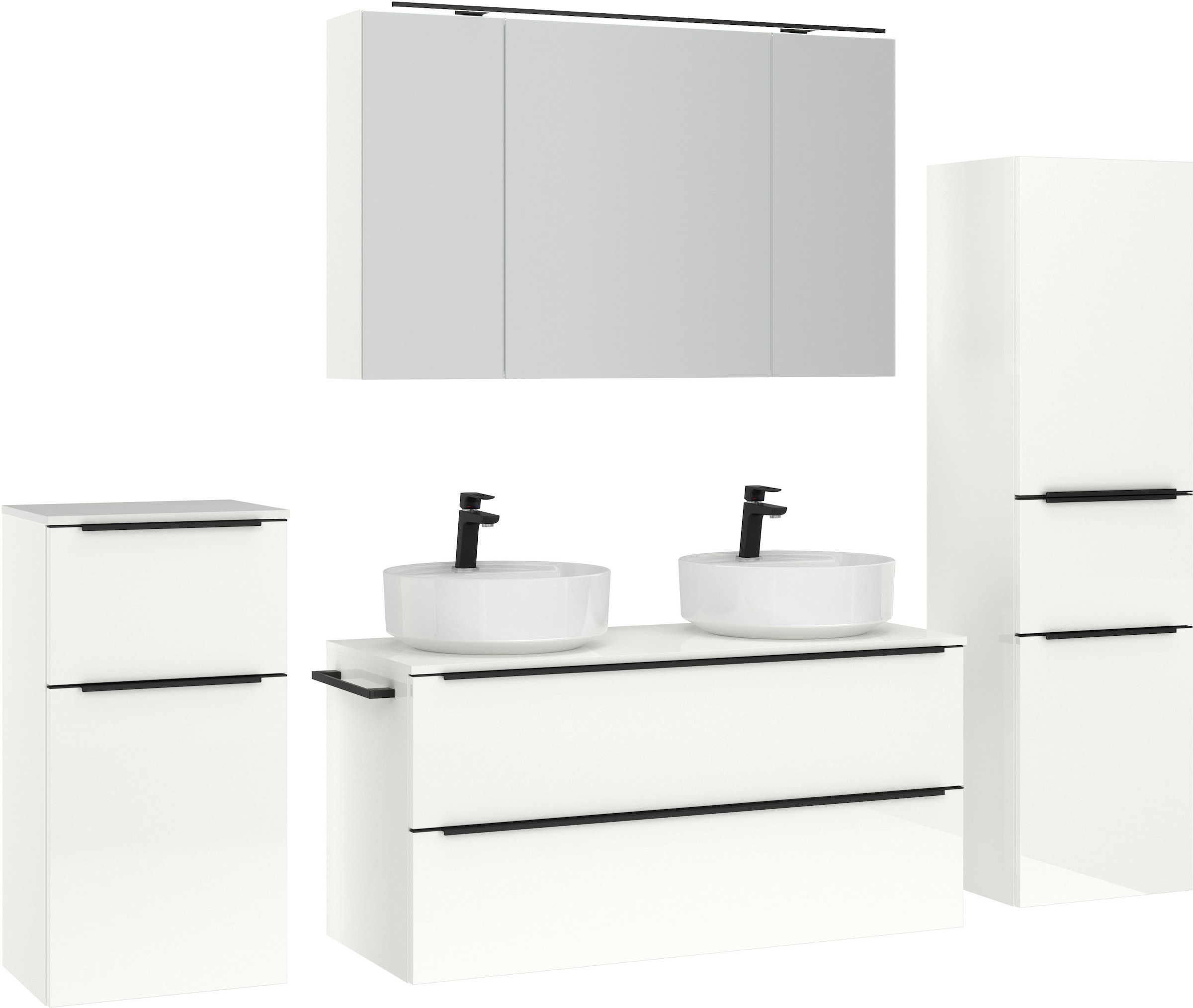 nobilia® Badmöbel-Set »Alvene«, (4 St., vormontiert, mit Soft-Close), inkl. Spiegelschrank mit Beleuchtung und Dimmerfunktion, in 4 Breiten