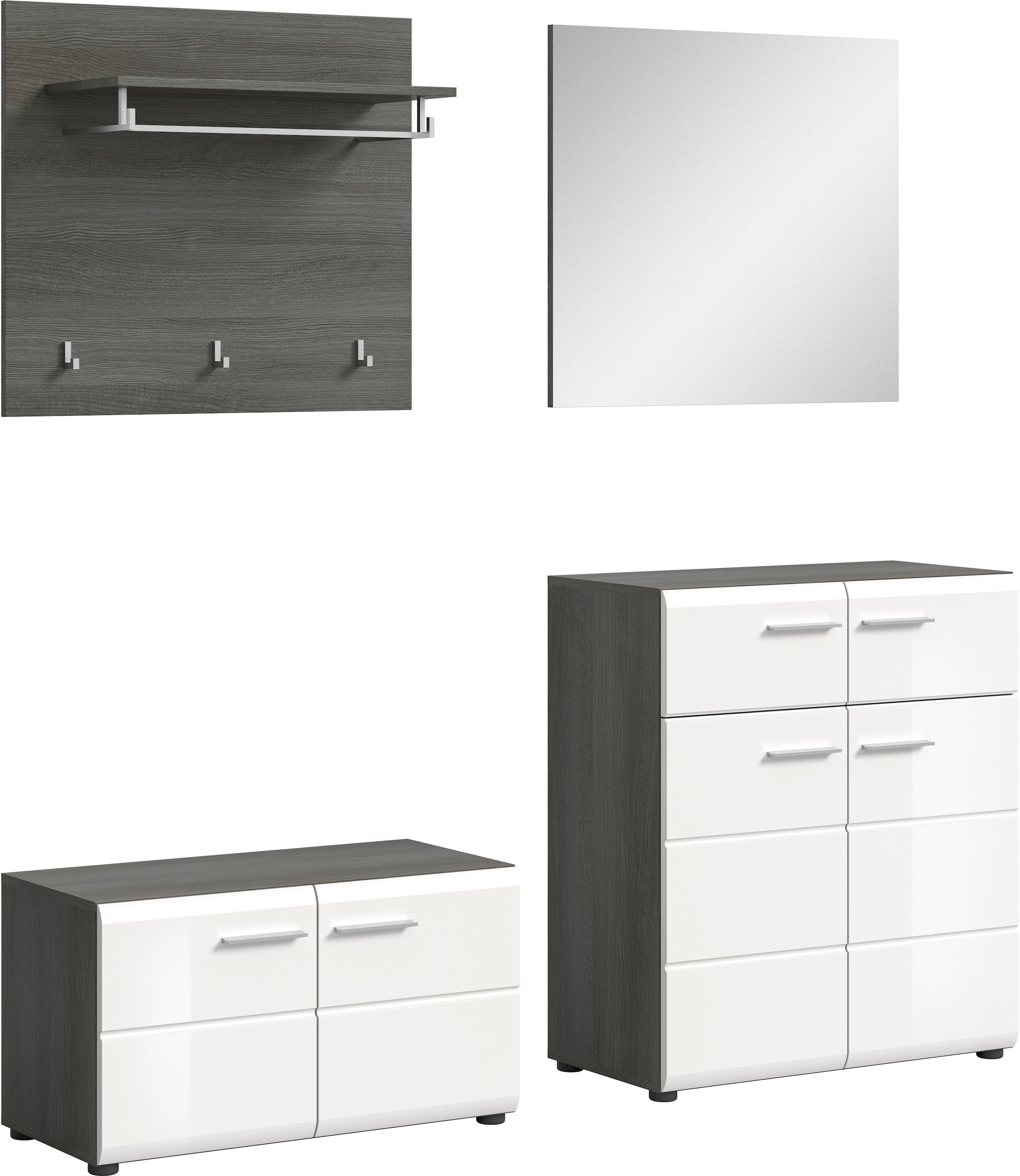 INOSIGN Garderoben-Set »Rumba, 4-teilig, Breite 175 cm, Hochglanz Front, bestehend aus:« 4 Stk. tlg. Rauchsilber Nachbildung/ weiß Hochglanz...
