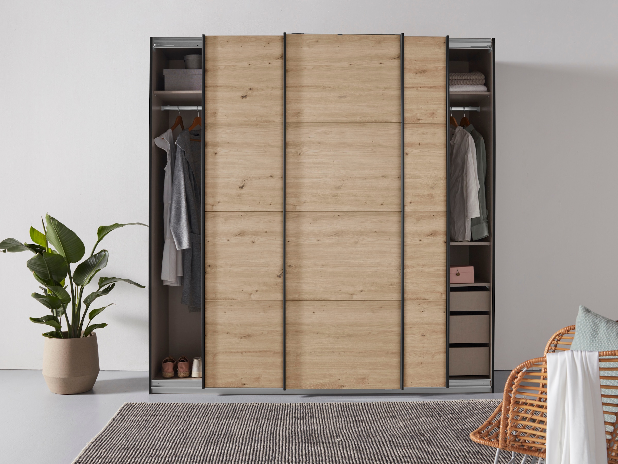 rauch Schwebetürenschrank »Kleiderschrank Schrank Garderobe TOPSELLER OTELI inkl. Inneneinteilung« Breiten 203/271/315/360 cm Höhen 210/229 cm,  mit 3 Innenschubladen sowie zusätzlichen Einlegeböden MADE IN GERMANY