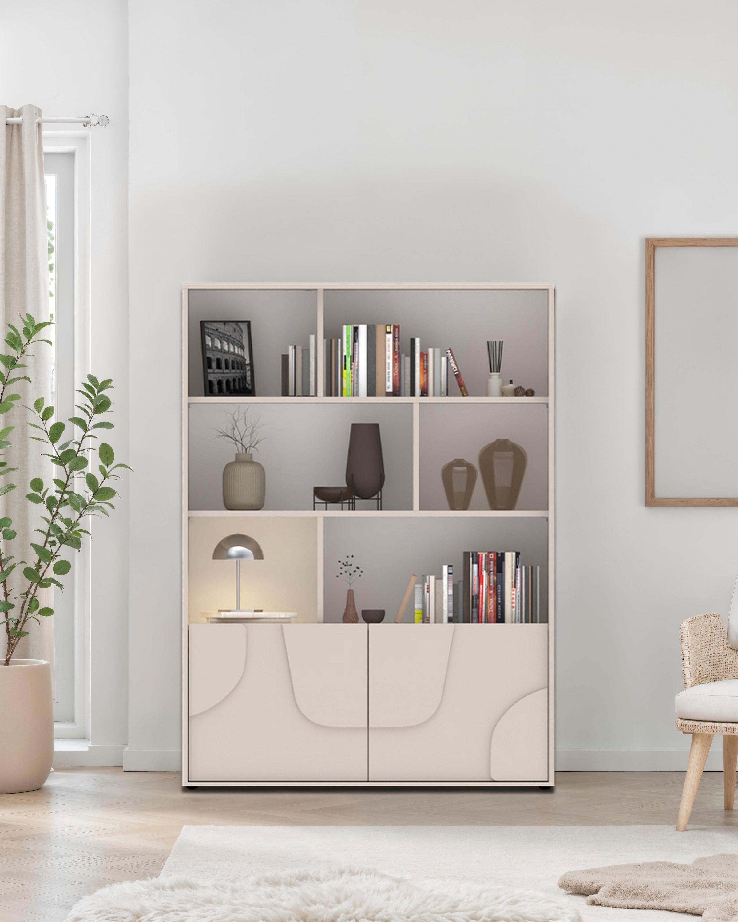 INOSIGN Highboard »Stone, H 155/141, B 105 cm, 2 Türen, 6 offene Fächer, Regal-Schrank« 3D-Design, Push-to-open, Stauraum dekorativ & praktisch, Füße wählbar