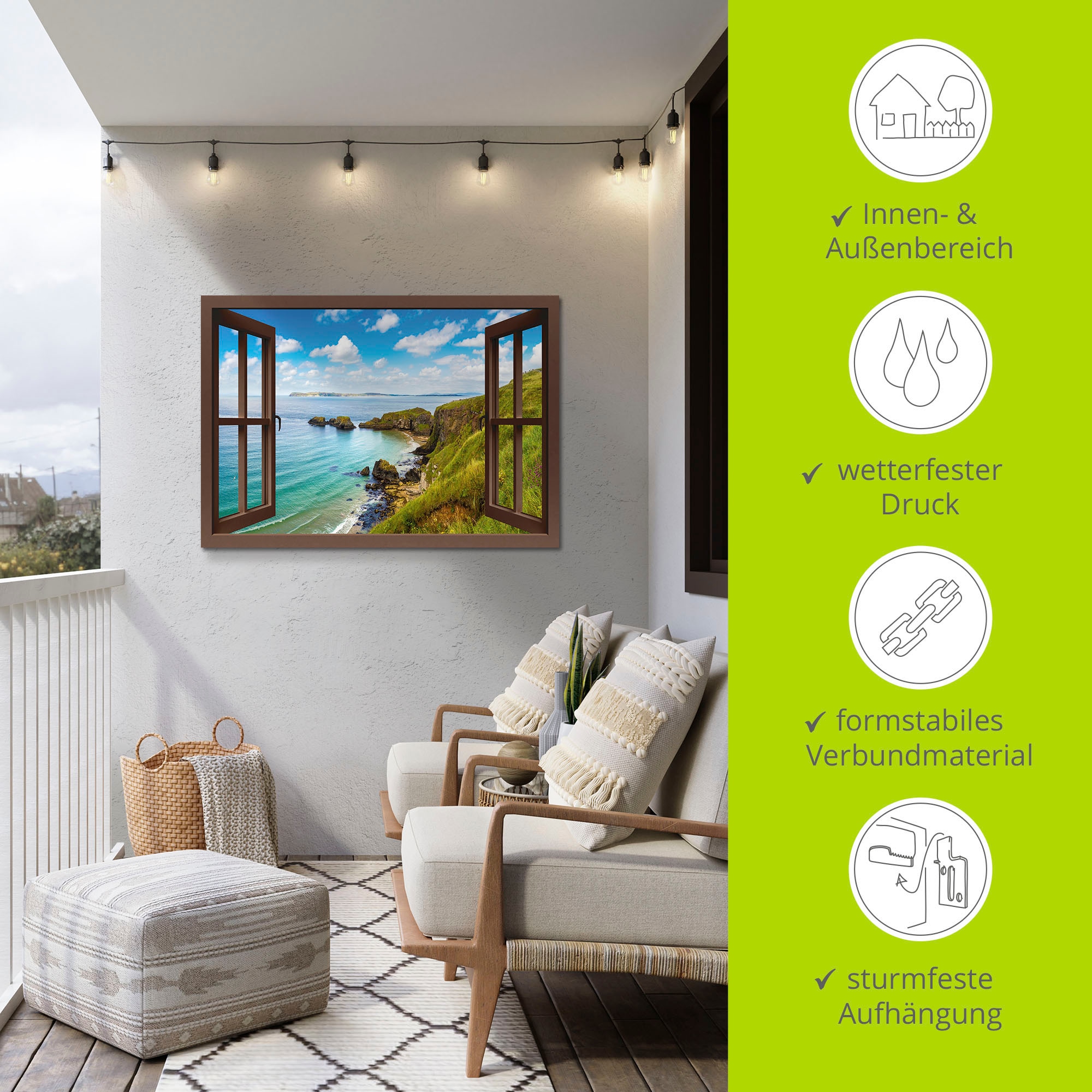 Artland Wandbild »Küstenweg in Nordirland durchs Fenster«, Meer Bilder, (1 St.), als Alubild, Outdoorbild, Leinwandbild, Wandaufkleber, versch. Größen