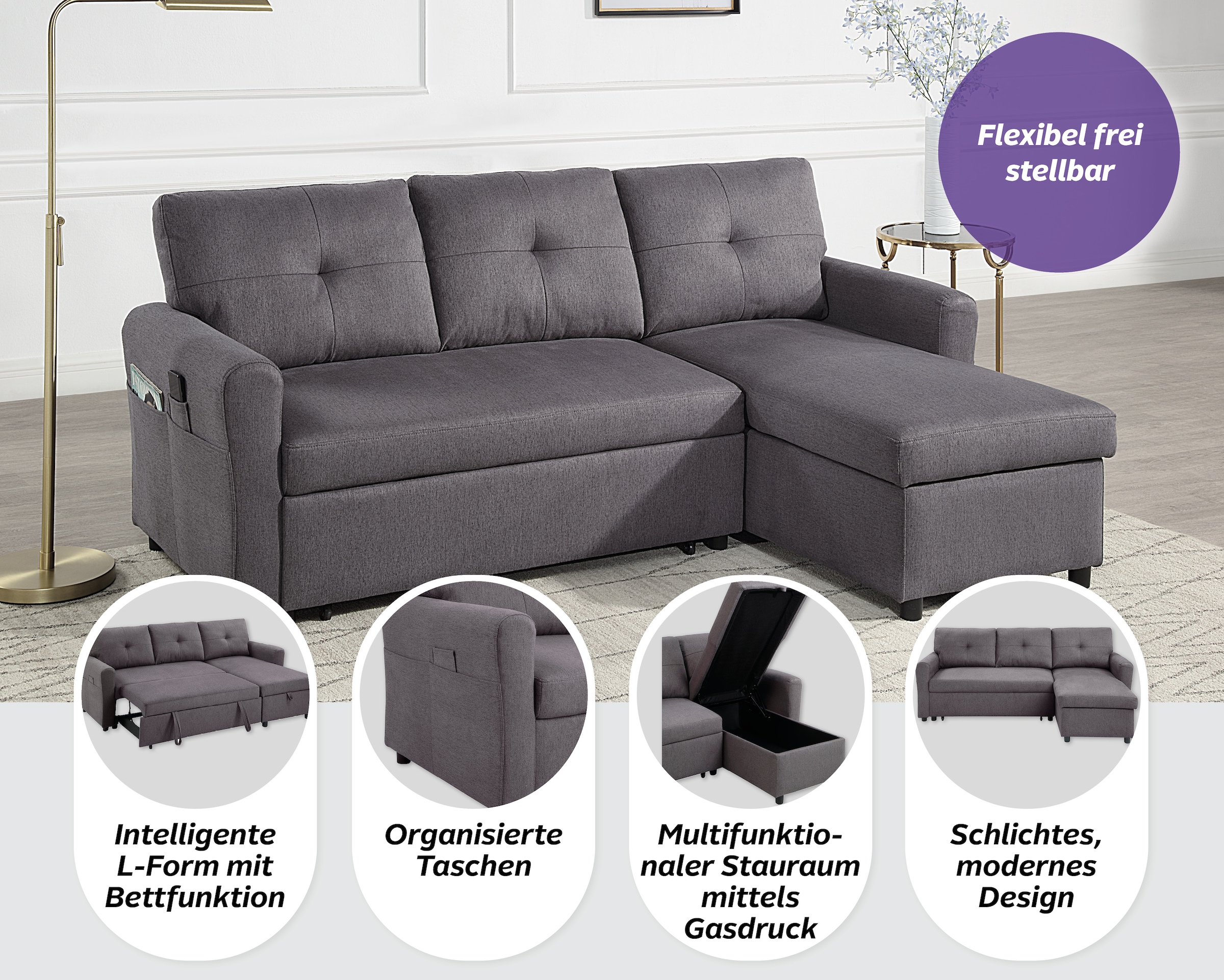 ATLANTIC home collection Schlafsofa »Gustavo L-Form, B: 199 cm« mit Bettfunktion, Bettkasten & seitlichen Taschen