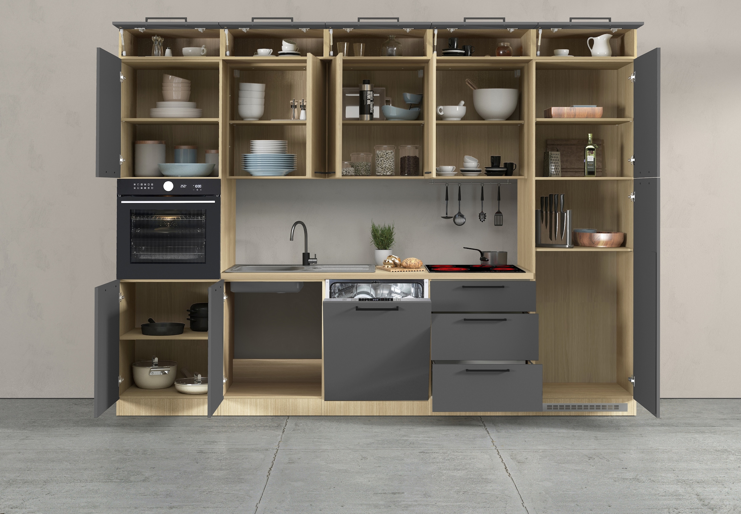 KOCHSTATION Küchenzeile »Luna, Einbauküche, Zeilenküche, mit Soft-Close Funktion, Made in Italy« Breite 300 cm ohne E-Geräte, mit Spüle+Siphon und Aufsatz