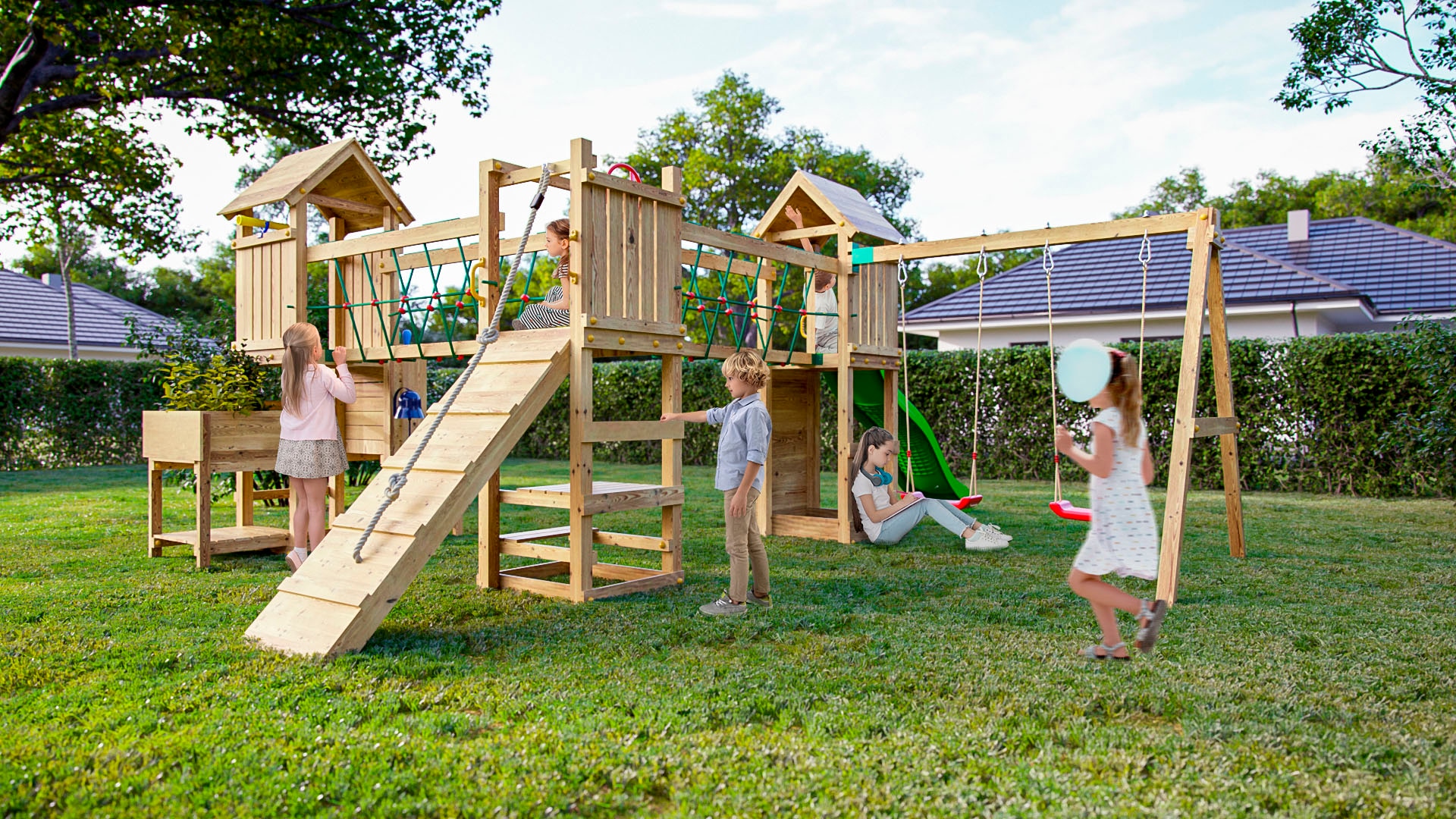 FUNGOO Spielturm »Maxi Funny Optimizer, mit Rutsche, Schaukeln, Kletterwand + Seilbrücke«, Made in Europe