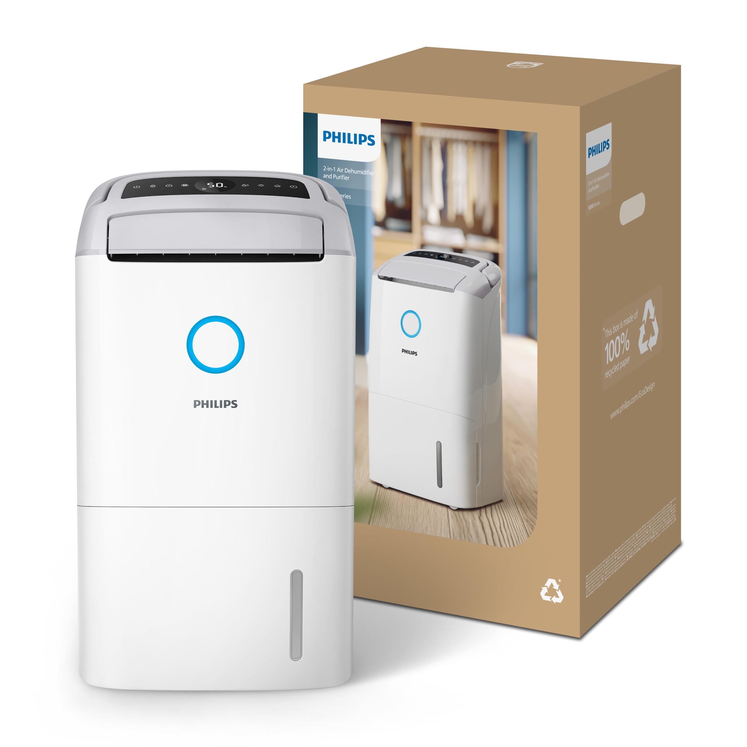 Philips Luftentfeuchter »u. Luftreiniger DE5305/11 5000 Series, mit Wäschetrockner-Modus«, für 137 m³ Räume, Entfeuchtung 26,5 l/Tag, Tank 4 l, 2-Schichten-HEPA-Filtersystem, Luftreinigungsrate 270 m³/h