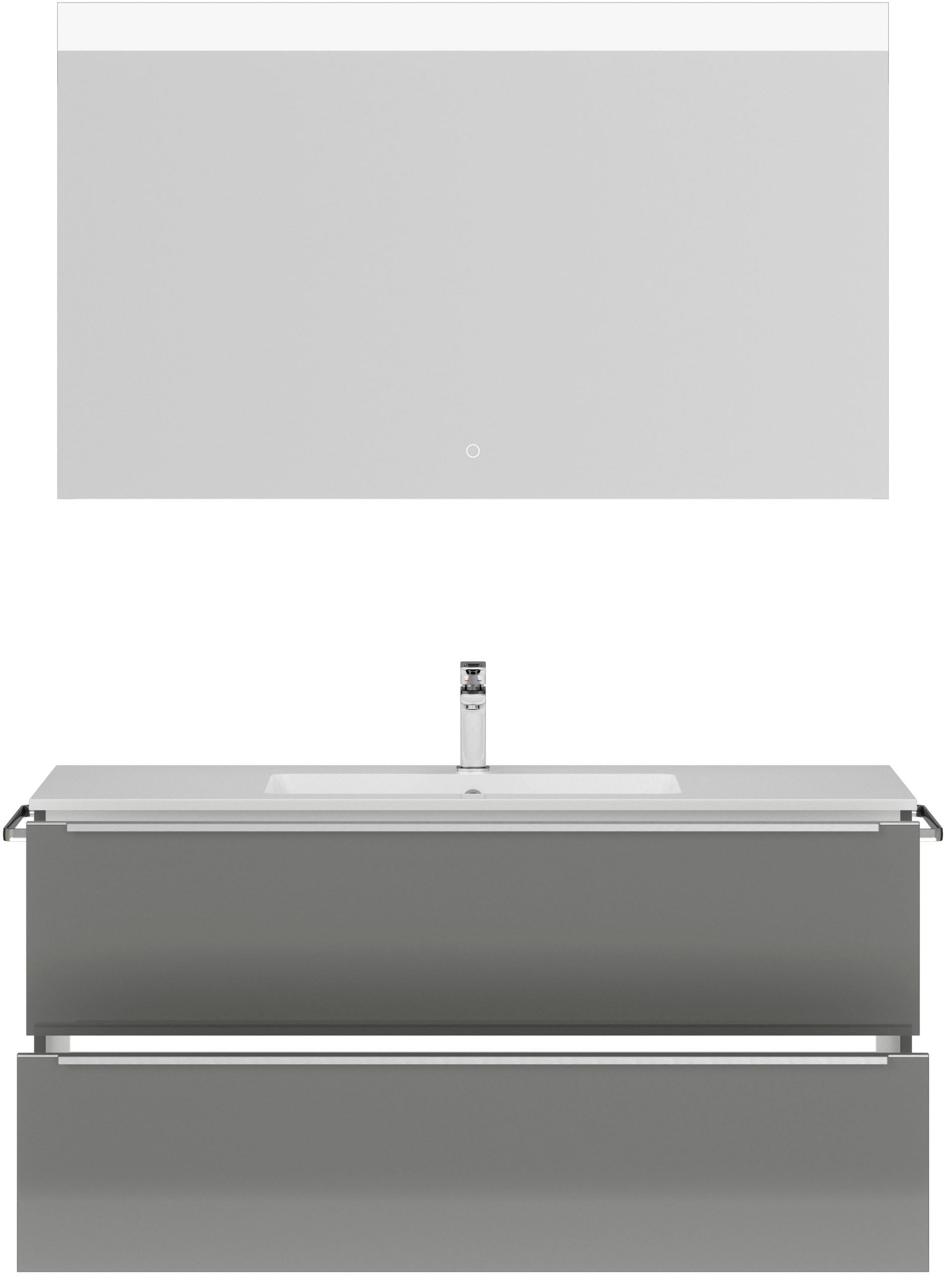 nobilia® Badmöbel-Set »Levere«, (2 St., vormontiert, mit Soft-Close), Hochglanz, inkl. Spiegel mit Touch-Sensor, in vier Breiten