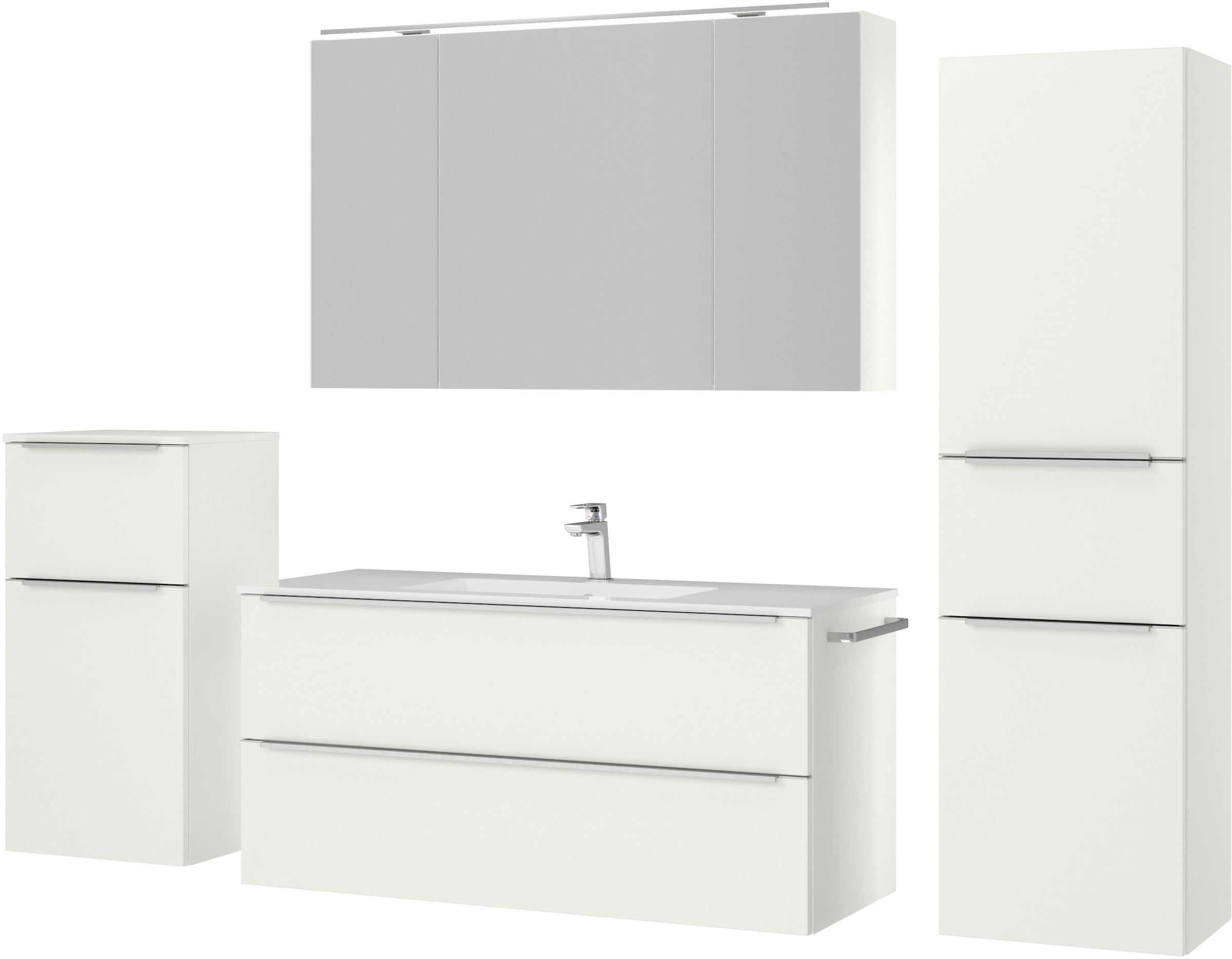 nobilia® Badmöbel-Set »Levere«, (4 St., vormontiert, mit Soft-Close), inkl. Spiegelschrank mit Beleuchtung und Dimmerfunktion, in 4 Breiten