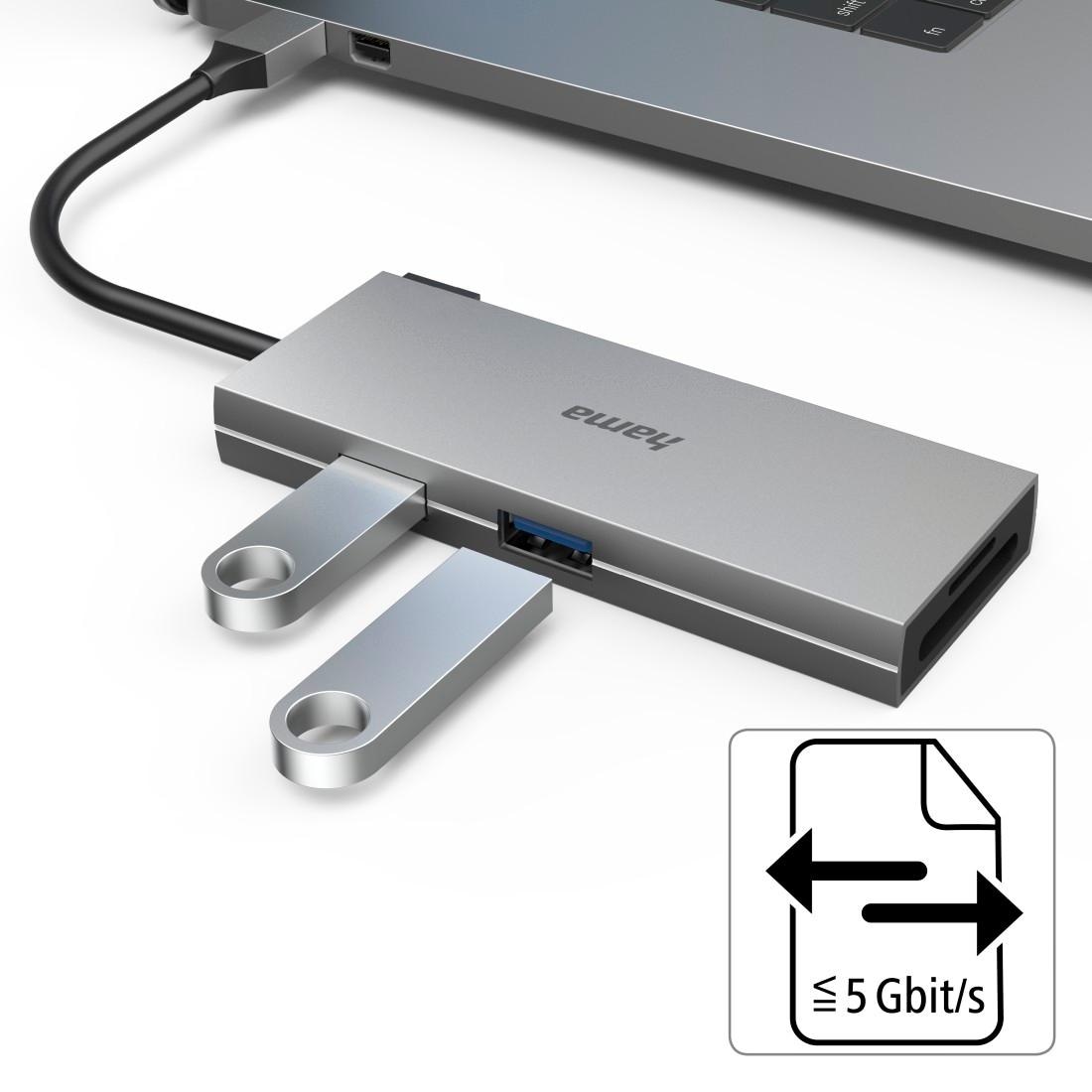 Hama USB-Adapter »USB-C Multiport Hub Laptop mit 6 Ports, USB-A, USB-C, HDMI, SD microSD«, USB-C zu USB Typ A-USB Typ C-HDMI-SD-Card, 15 cm, Laptop Dockingstation, kompakt, robustes Gehäuse, silberfarben