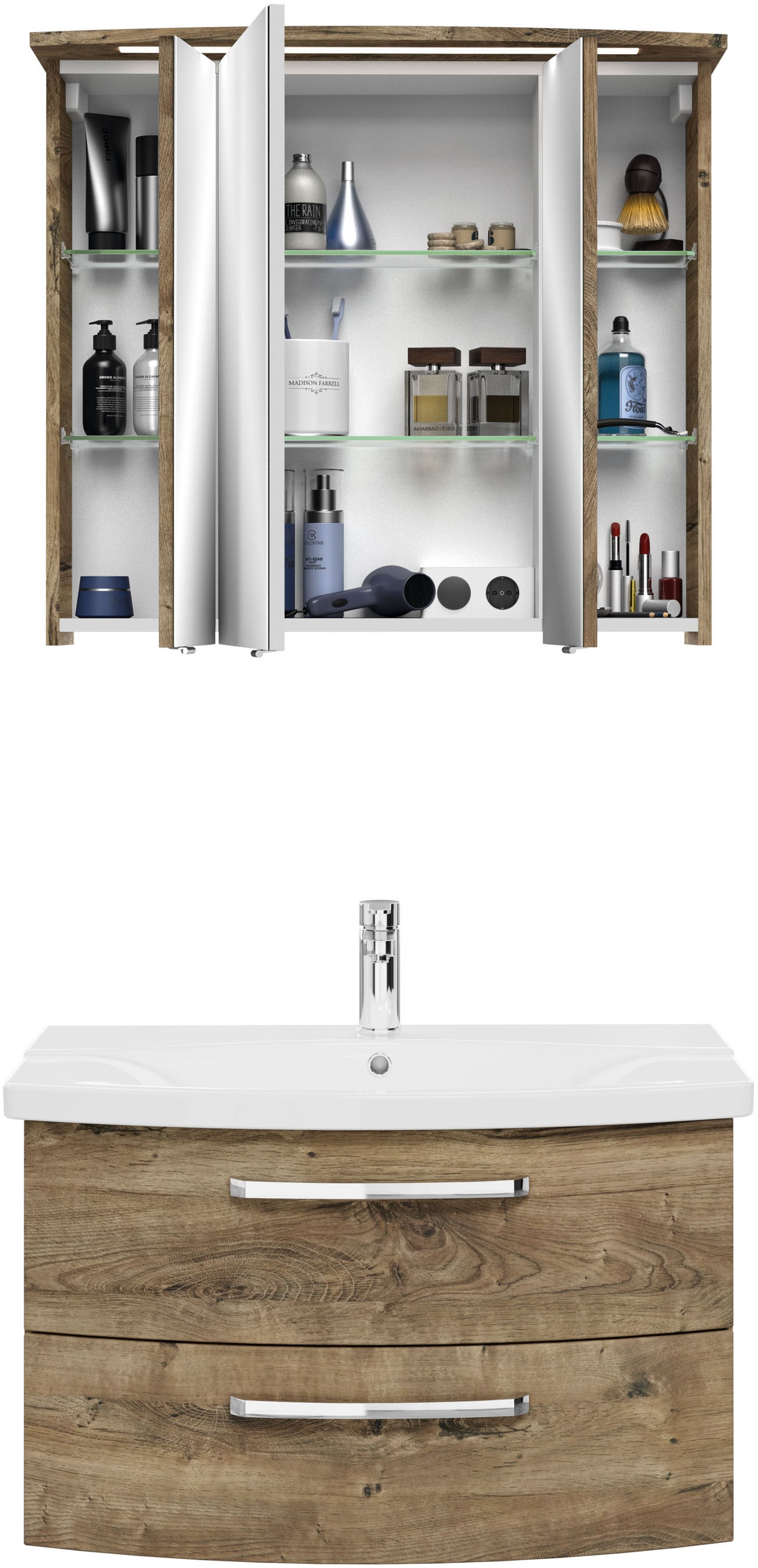 Saphir Badmöbel-Set »Serie 4010 2-teilig Keramik-Waschtisch mit LED-Spiegelschrank«, (Set), Badezimmer Set 84 cm breit, inkl. Türdämpfer, 3 Türen, 2 Schubladen