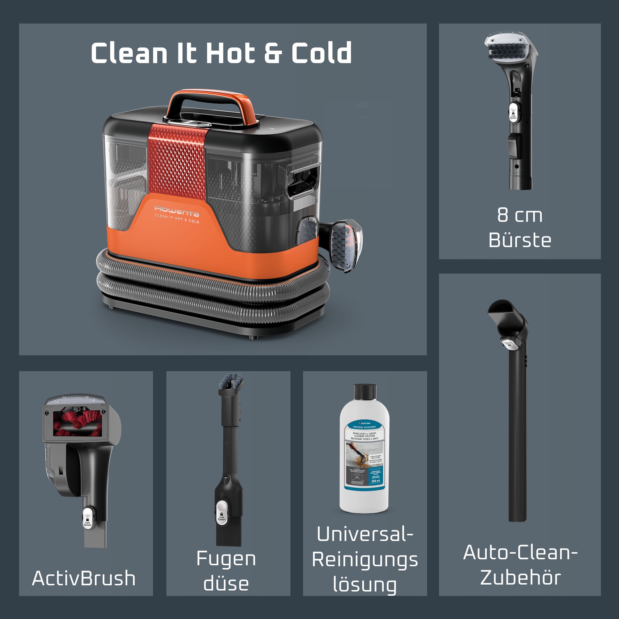 Rowenta Teppichreinigungsgerät »Fleckenentferner IN7011 Clean It Hot & Cold« PowerHeat 60 °C, 2,3 l/1,5 l Tanks, Auto‑Clean, rotierende ActivBrush
