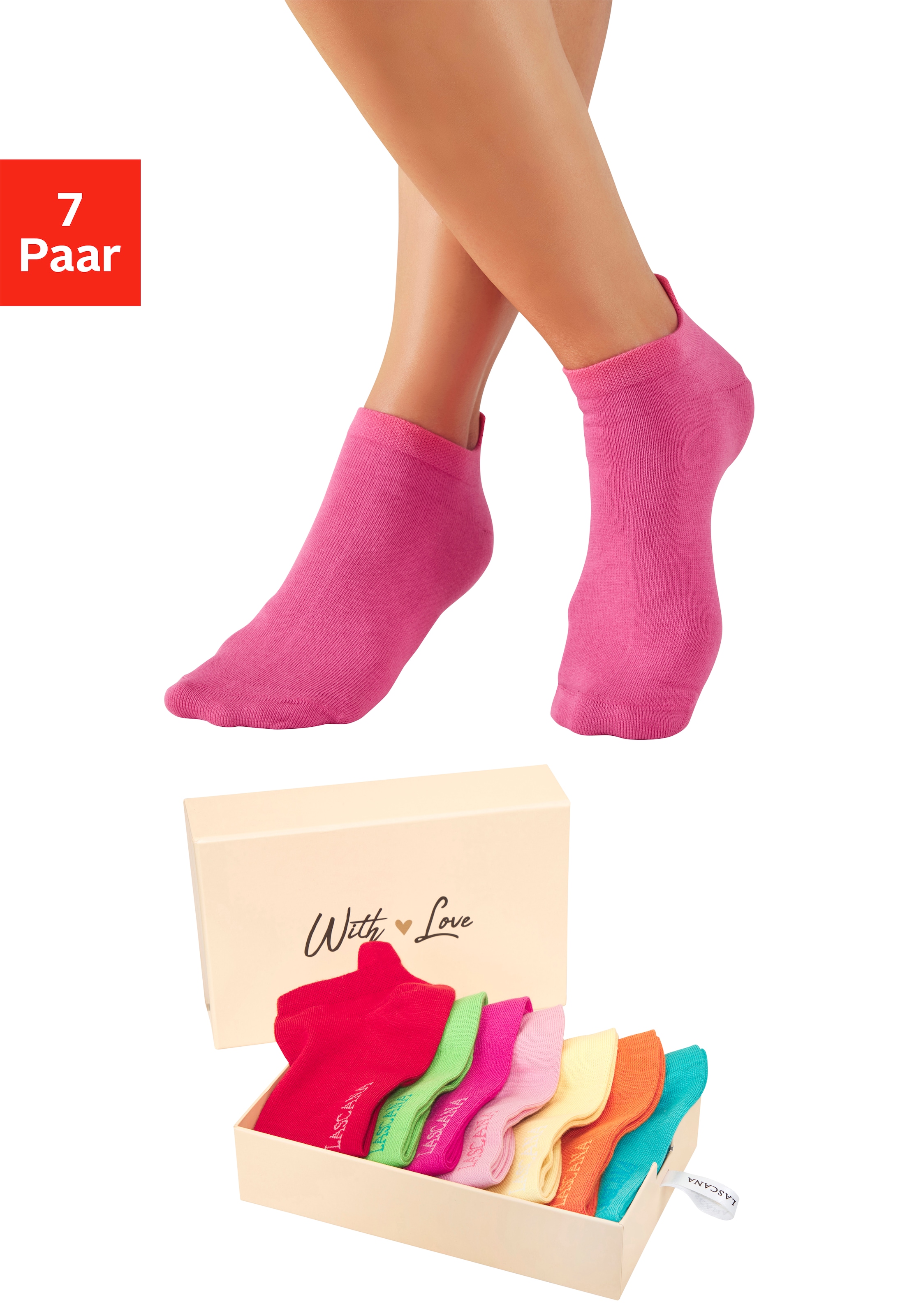 LASCANA Sneakersocken »für Damen mit eingestricktem Markenlogo« Box, Box, 7 Paar tlg. in ansprechender Geschenkbox