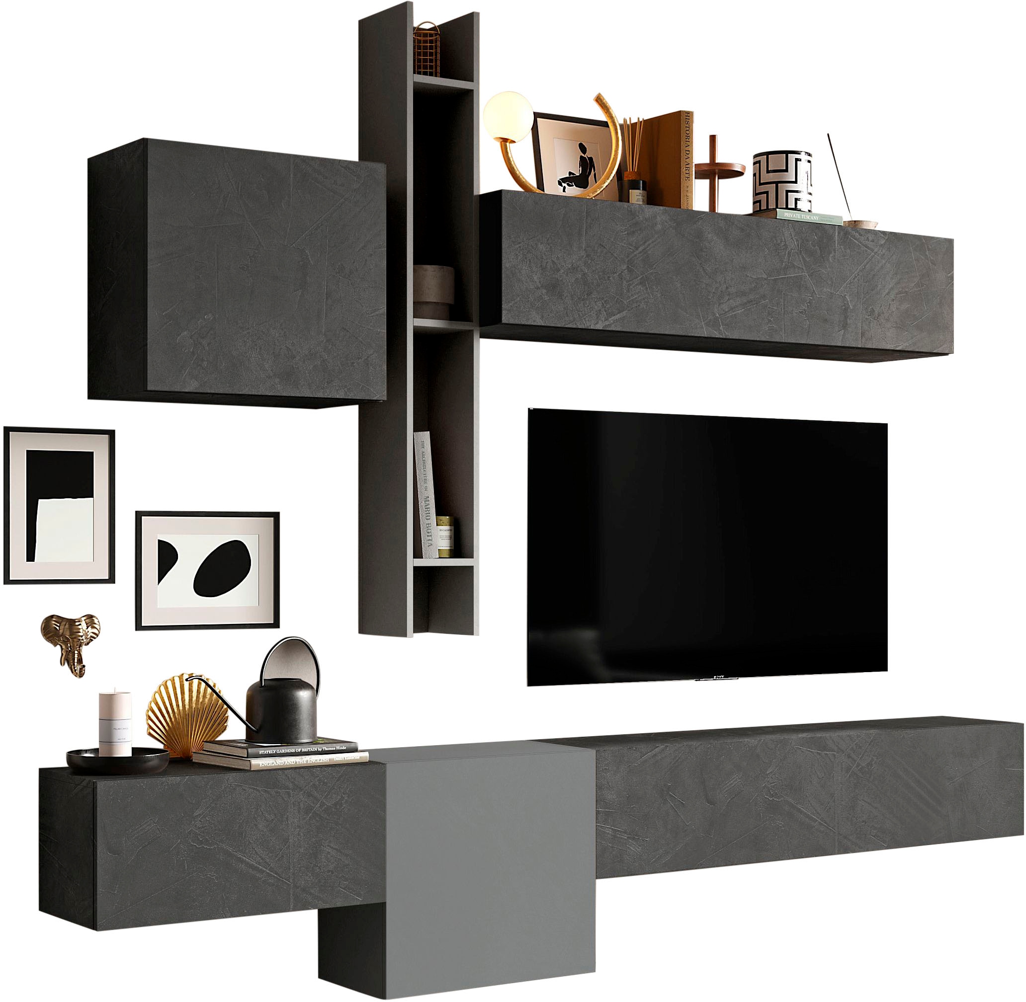 INOSIGN Wohnwand »INFINITY, 6tlg. Breite 262 cm, Höhe variabel, Schrankwand, Anbauwand«, (6 St.), (Lowboard hängend, 2x Hängeschrank, 2x Hängewürfel, Wandregal)