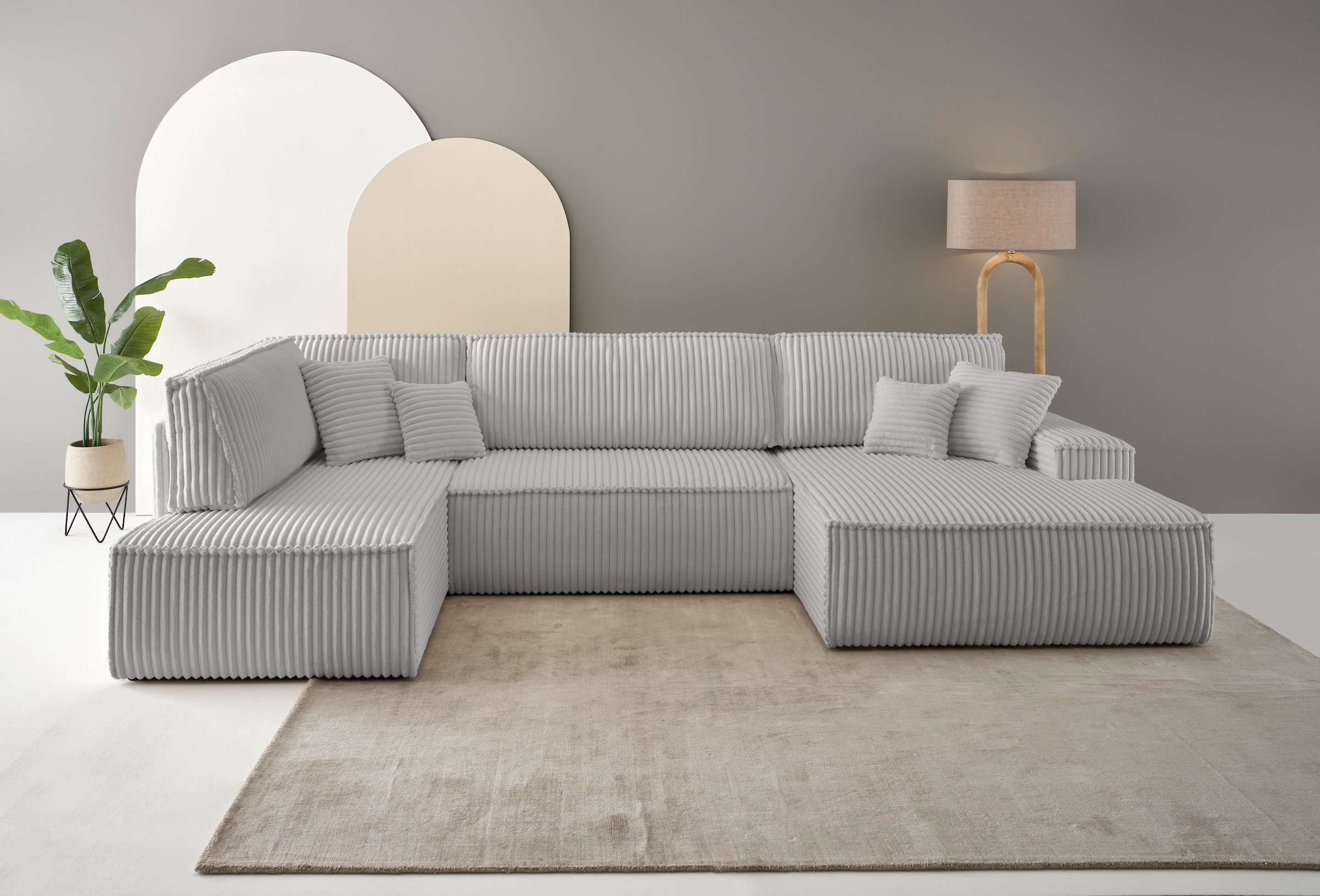 andas Wohnlandschaft »FINNLEY U-Form XXL 329 cm, Schlafsofa, Schlaffunktion m. Bettkasten«, (194/139 cm), Bouclé, Struktur und Cord