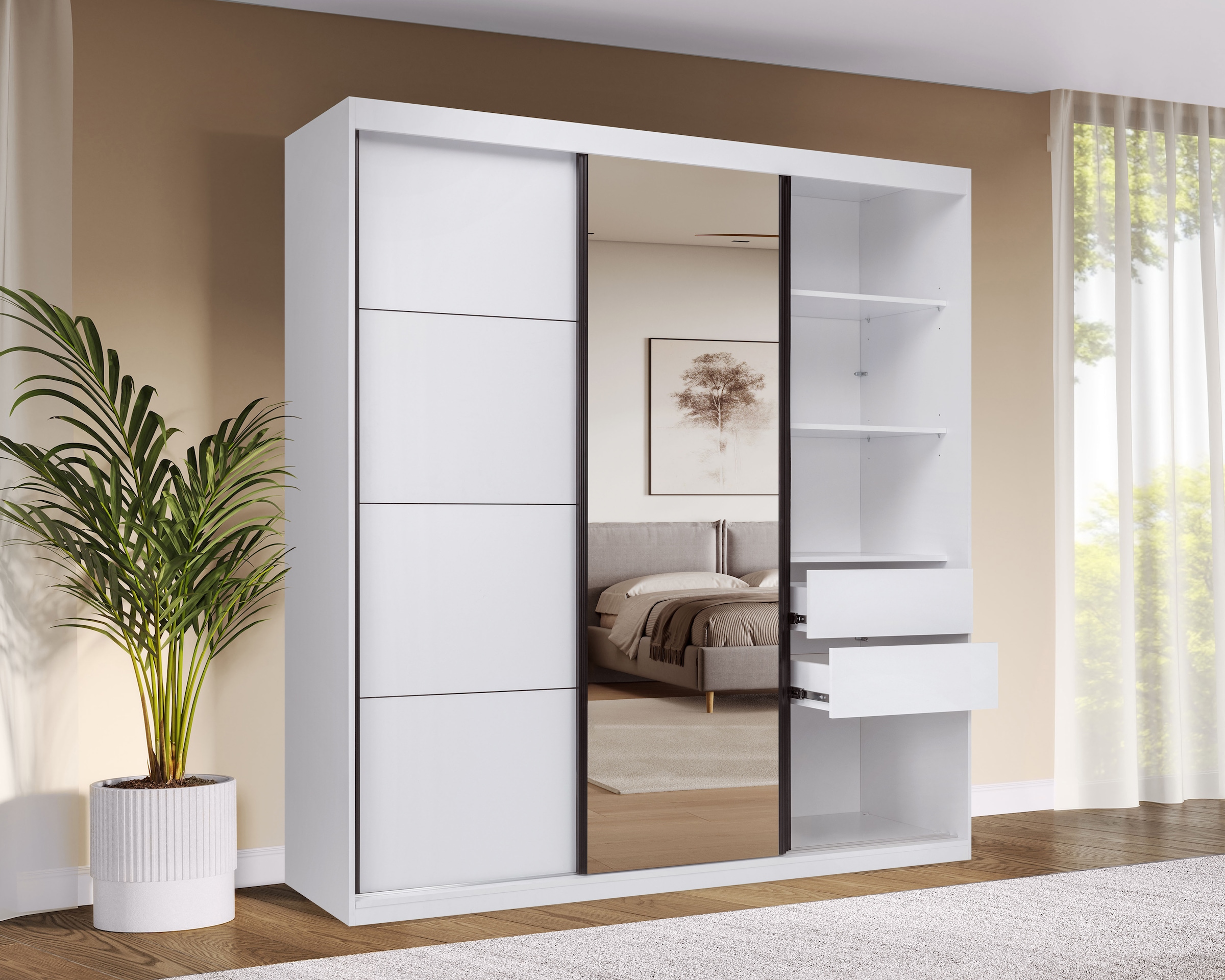 OTTO home Schwebetürenschrank »Tonara Schrank, Kleiderschrank, Schiebetürenschrank« inklusive Spiegeltür, 2 Kleiderstangen & 4 Schubkastenauszügen