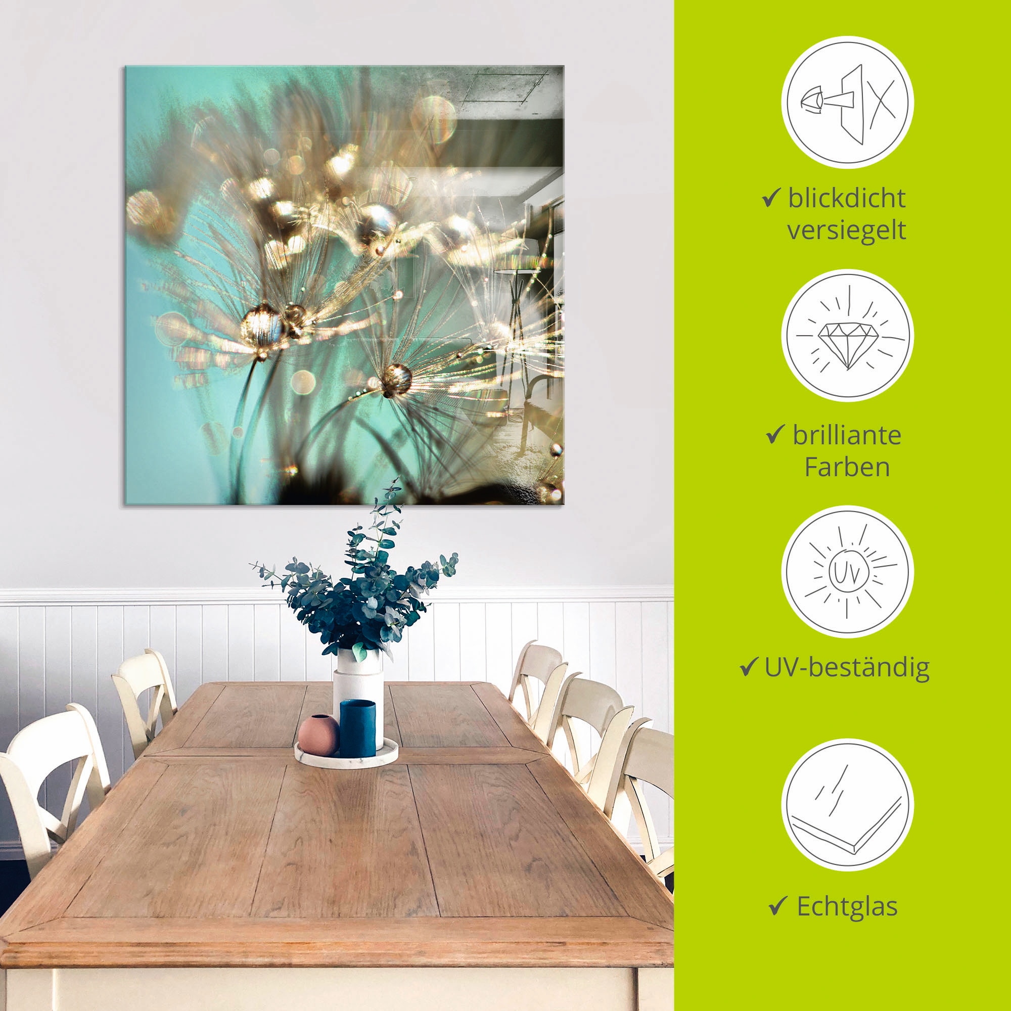 Artland Glasbild »Pusteblume glänzendes Gold«, Blumen, (1 St.), in verschiedenen Größen