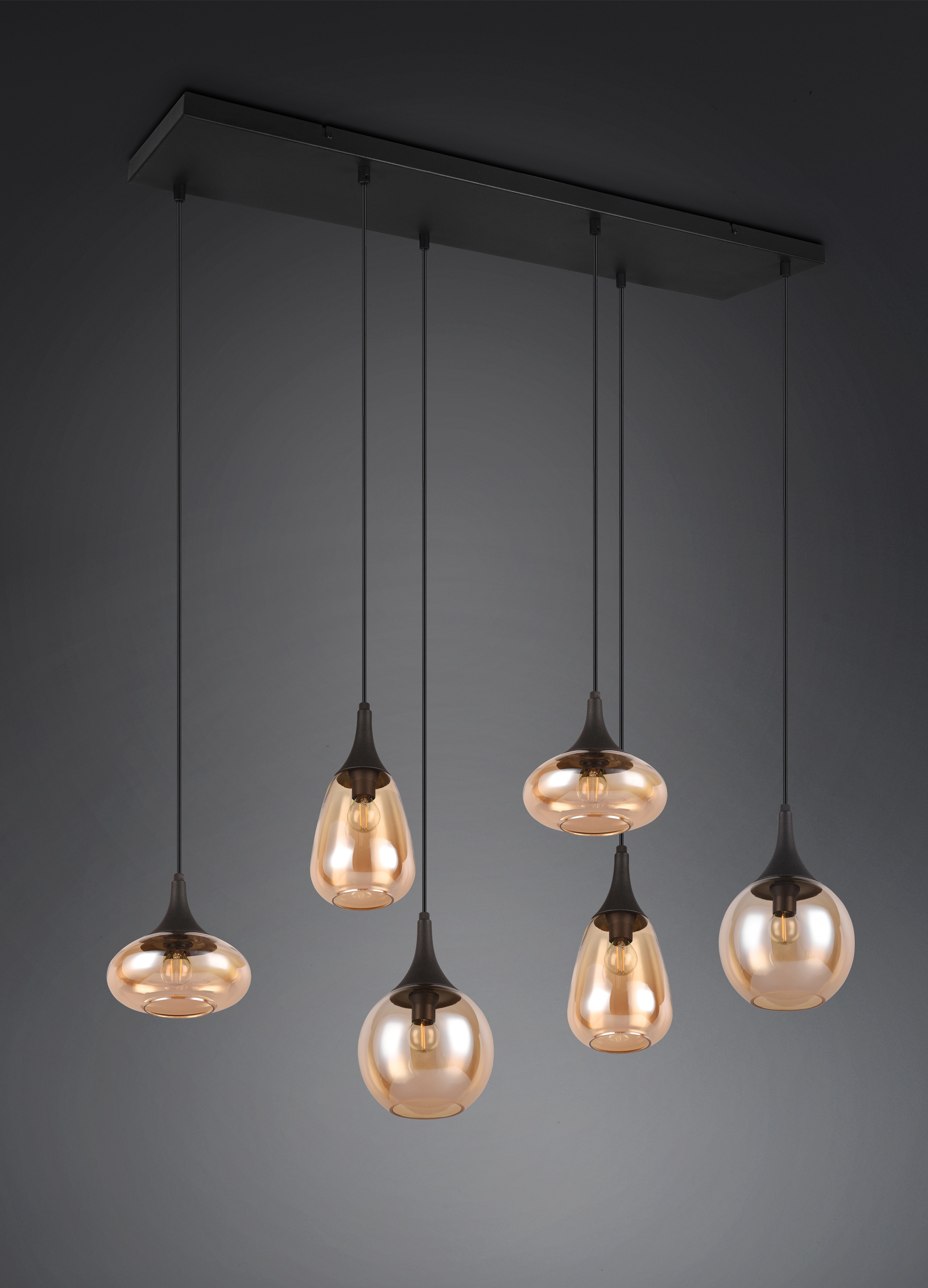 TRIO Leuchten Pendelleuchte »Lumina, E14 Hängelampe 6-flammig Glasschirme in 3 Formen amberfarbig«, 6 flammig, Leuchtmittel E14 | Leuchtmittel wechselbar, exkl 6x E14 max 40W, Hängeleuchte höhenverstellbar bis max 150 cm