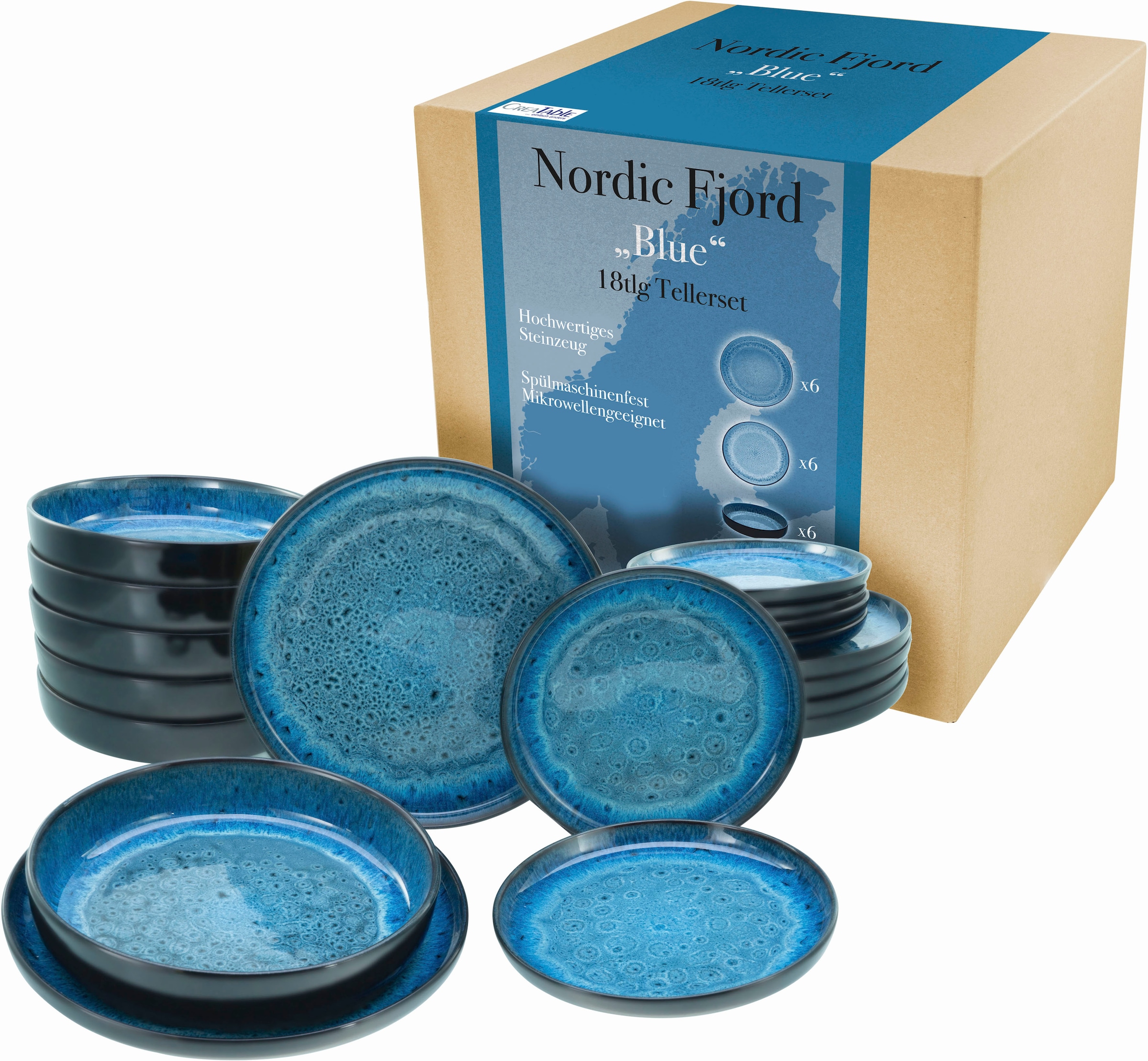 CreaTable Teller-Set »Nordic Fjord«, (Set, 18 tlg.), je 6 Speiseteller 26 cm, Suppenteller 22,5 cm, Dessertteller 19,5 cm