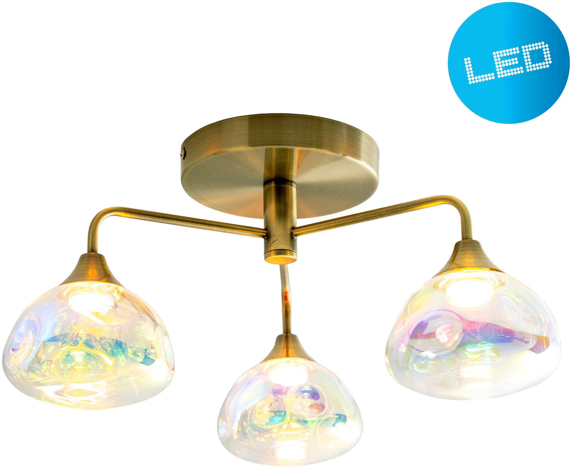 näve LED Deckenleuchte »Varna«, 3 flammig, 3 flg. irisierendes Glas incl. 3x6 LEDs warmweiß Gestell messing