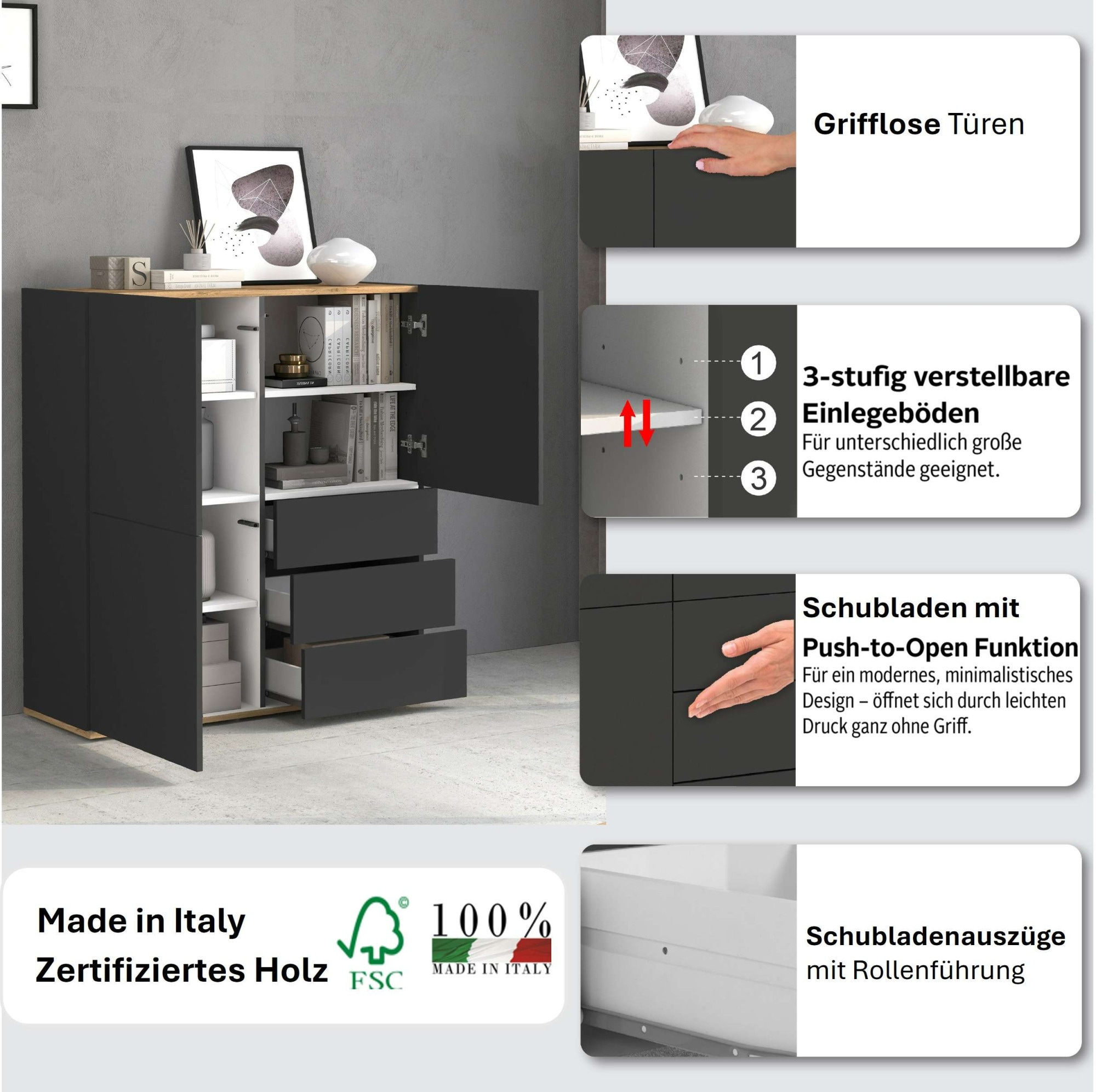 INOSIGN Highboard »GARDA Highboard, Kommode, Schrank, Grifflos mit Push to Open«, (1 St.), 3 Türen, 3 Schubladen, grifflos Breite 102 cm