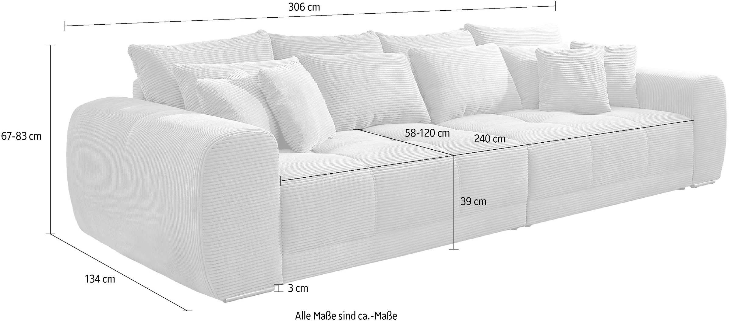 Jockenhöfer Gruppe Big-Sofa »Moldau, B. 306 cm, mit Federkernpolsterung, Liegefläche 120x240 cm« Mega-Sofa im XXL-Format, mit 8 Rückenkissen und 4 Zierkissen