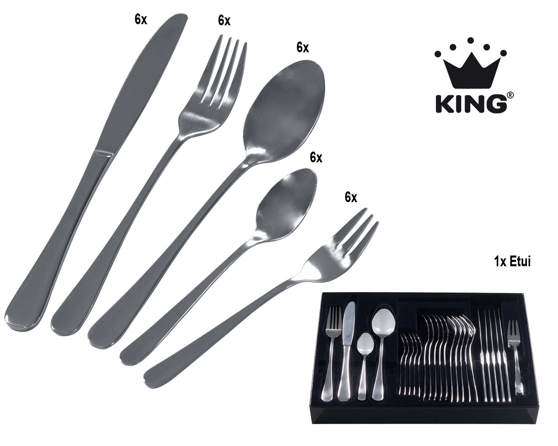 KING Topf-Set »»ESSENTIAL« Aluminium, Induktion, Antihaftbeschichtung«, Aluminiumguss, (Set, 51 tlg., 2 Töpfe, 1 Stieltopf, 3 Glasdeckel, 1 Besteck-Set + Etui), 3 Pfannen, 4 Küchenmesser, 1 Schneidebrett, 3 Vorratsdosen mit Deckel