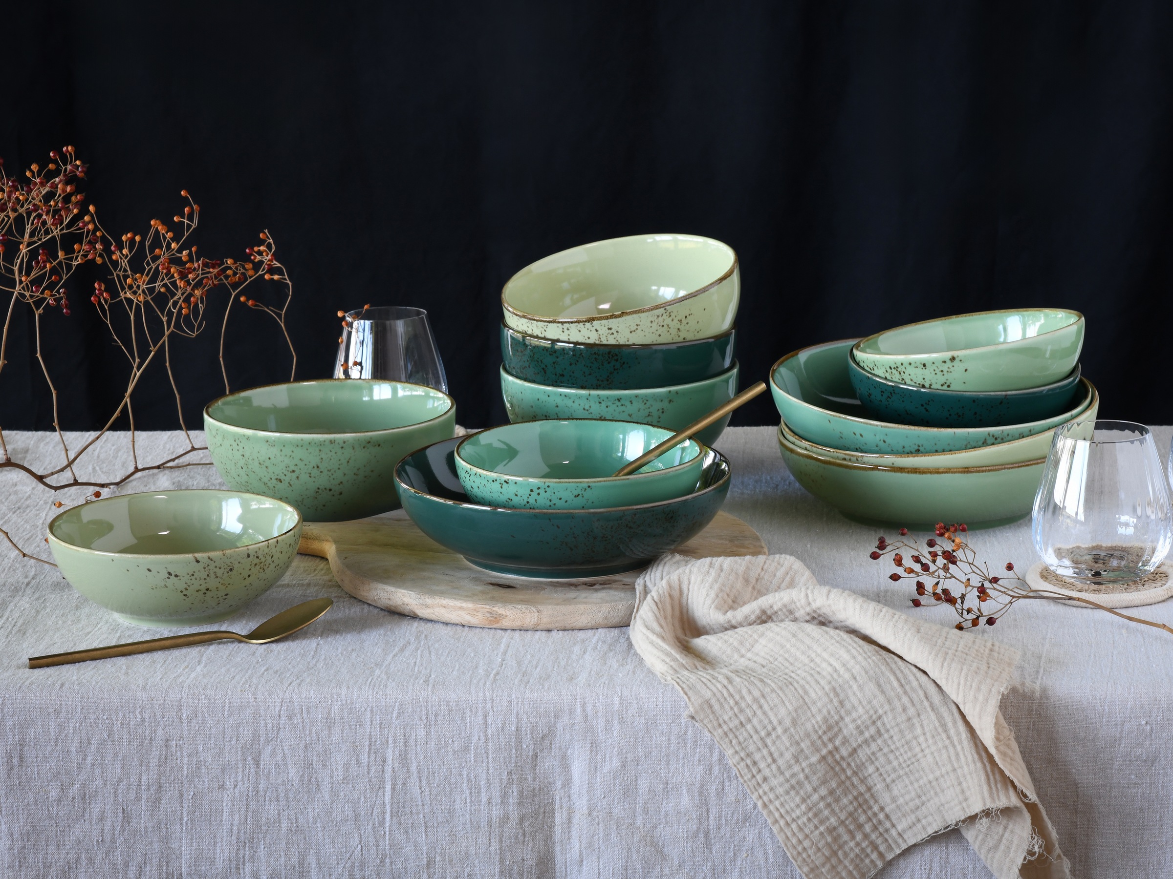 CreaTable Schale »Nature Collection, Bowl Set 12-tlg«, 12 tlg., aus Steinzeug, Handwerklicher Look, Vintage