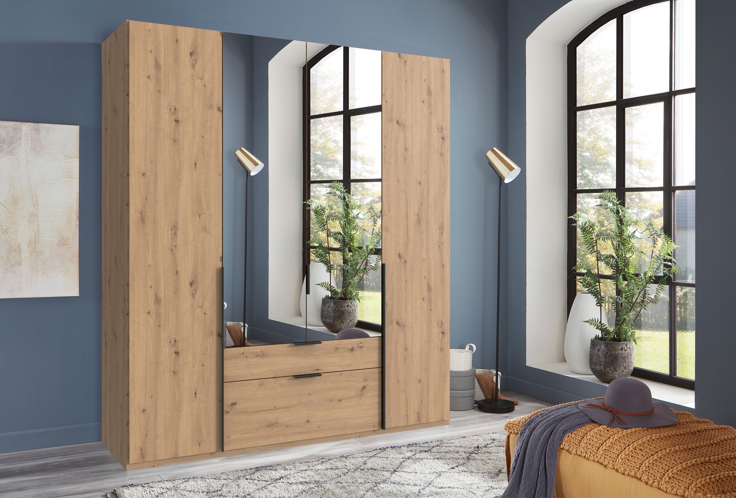 Wimex Drehtürenschrank »Mugano, 135 oder 180cm breit, 208 oder 236cm hoch, Made in Germany«, (mit langen Griffstangen aus Metall), wahlweise mit oder ohne Spiegel, mit Schubladen