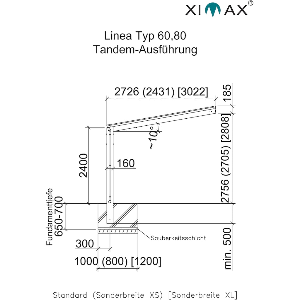 Ximax Doppelcarport »Linea Typ 60 Tandem-Edelstahl-Look«, Aluminium, 257 cm, edelstahlfarben
