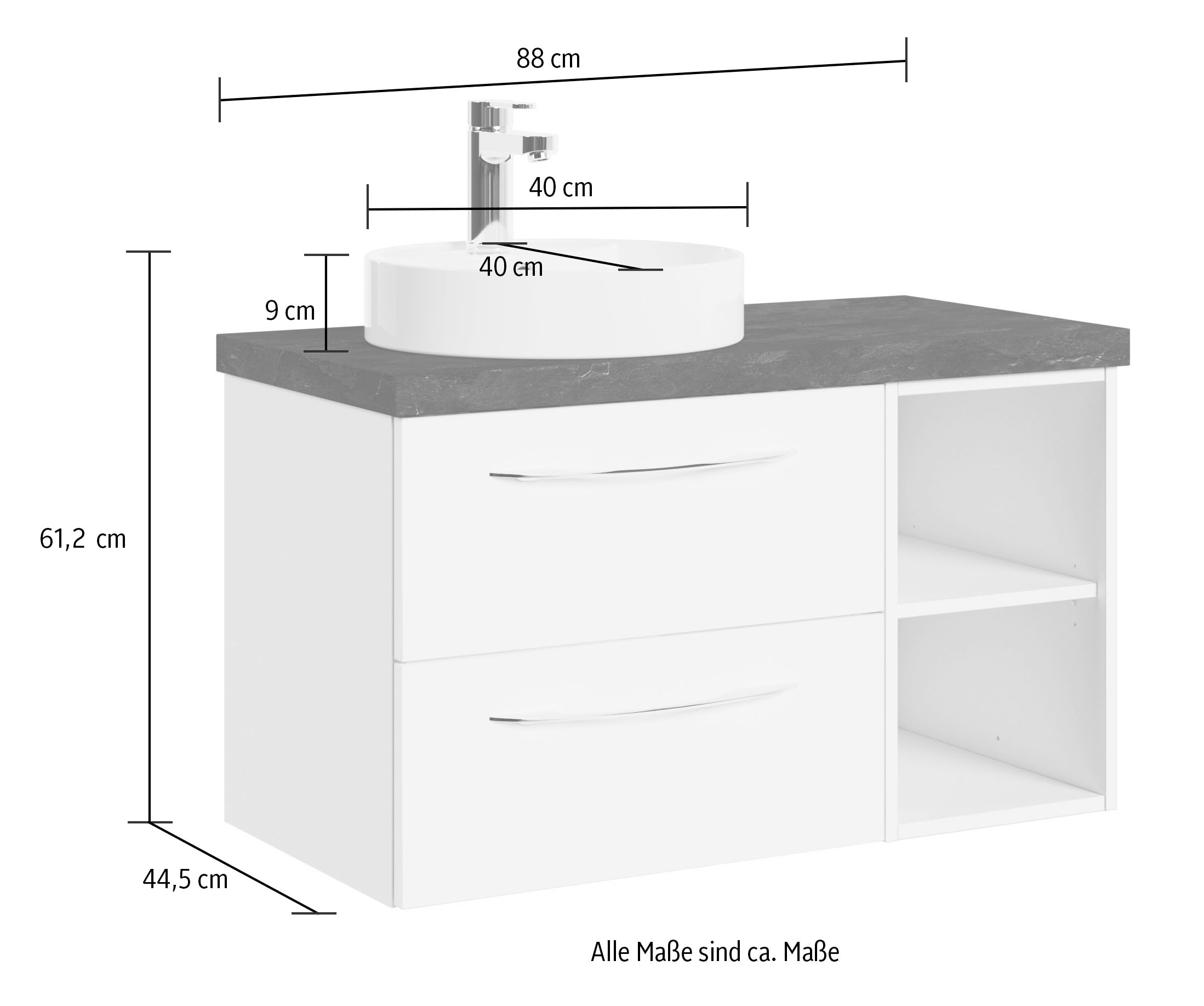 Saphir Waschtisch »Serie 4035 Keramik-Aufsatzbecken mit Unterschrank, 88 cm breit«, Waschplatz mit 2 Schubladen, Regalfächer, Griffe in Chrom Glanz