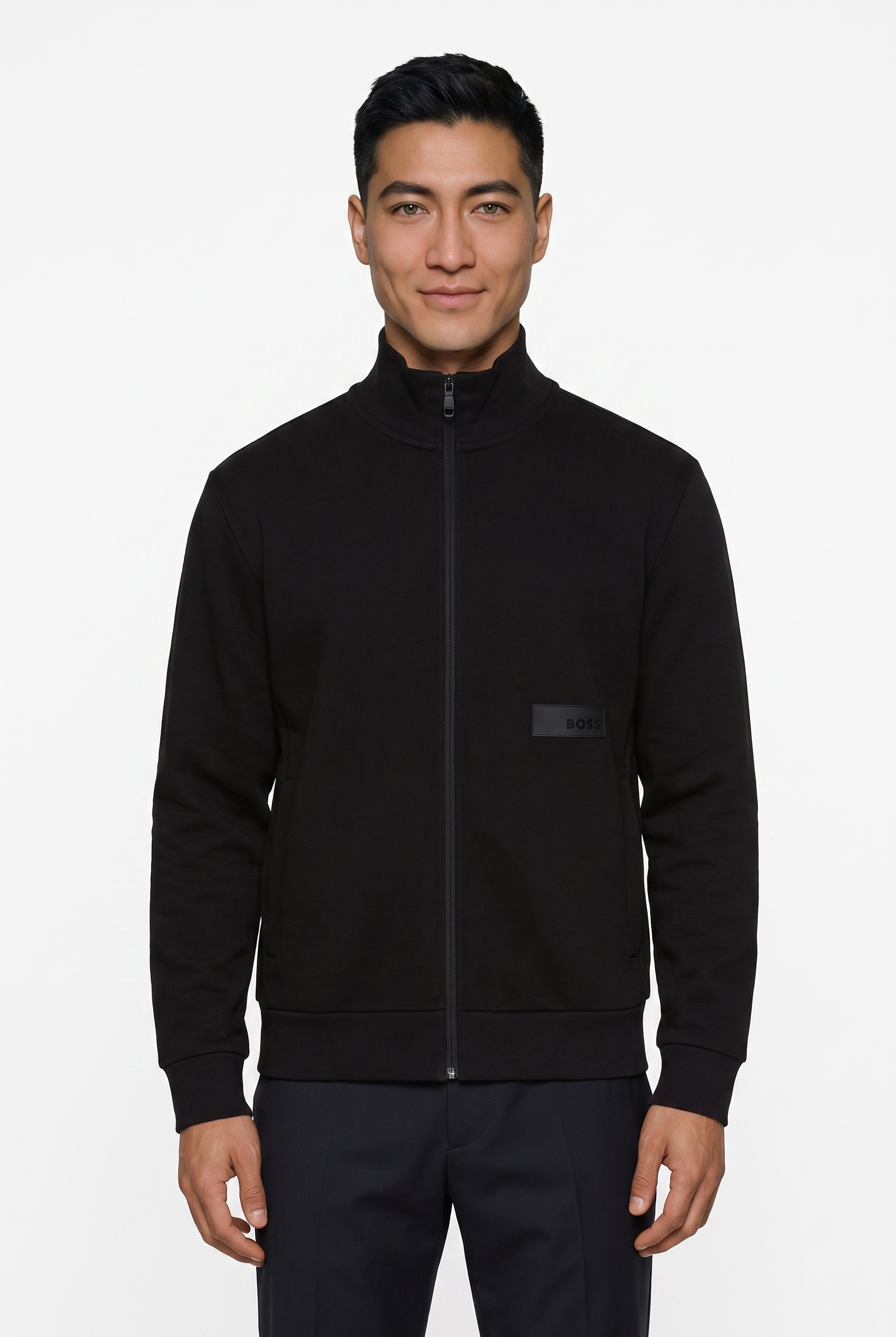 BOSS GREEN Sweatjacke Stehkragen, Relaxed Fit, Rippbündchen