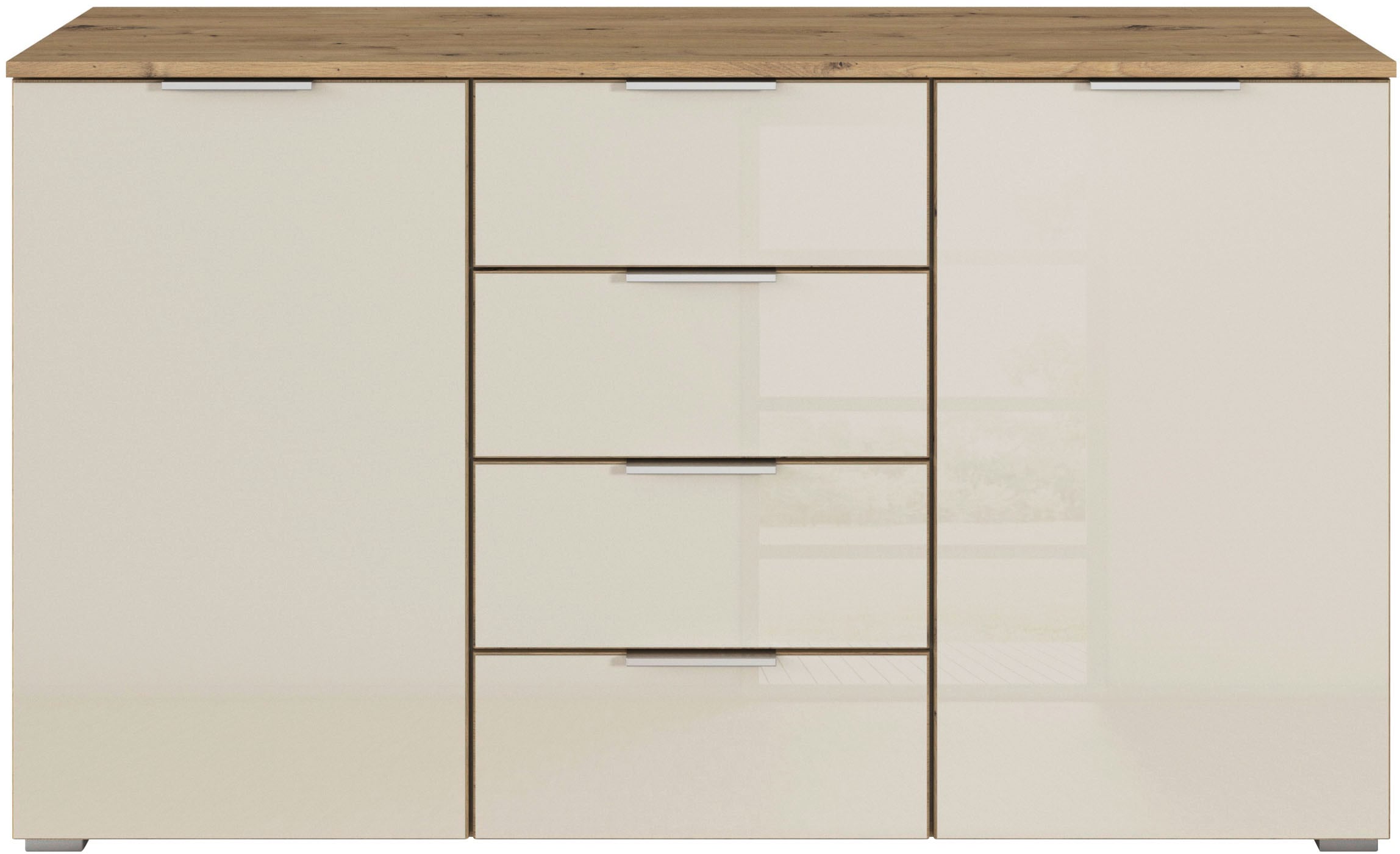 rauch Kombikommode »Sideboard Kombikommode Schubladenkommode AGORDO mit Glasfront«, (in zwei Griff-Farben, Breite 120 cm inkl. Soft-Close-Funktion), vier große Schubladen, mit insgesamt 4 Einlegeböden MADE IN GERMANY