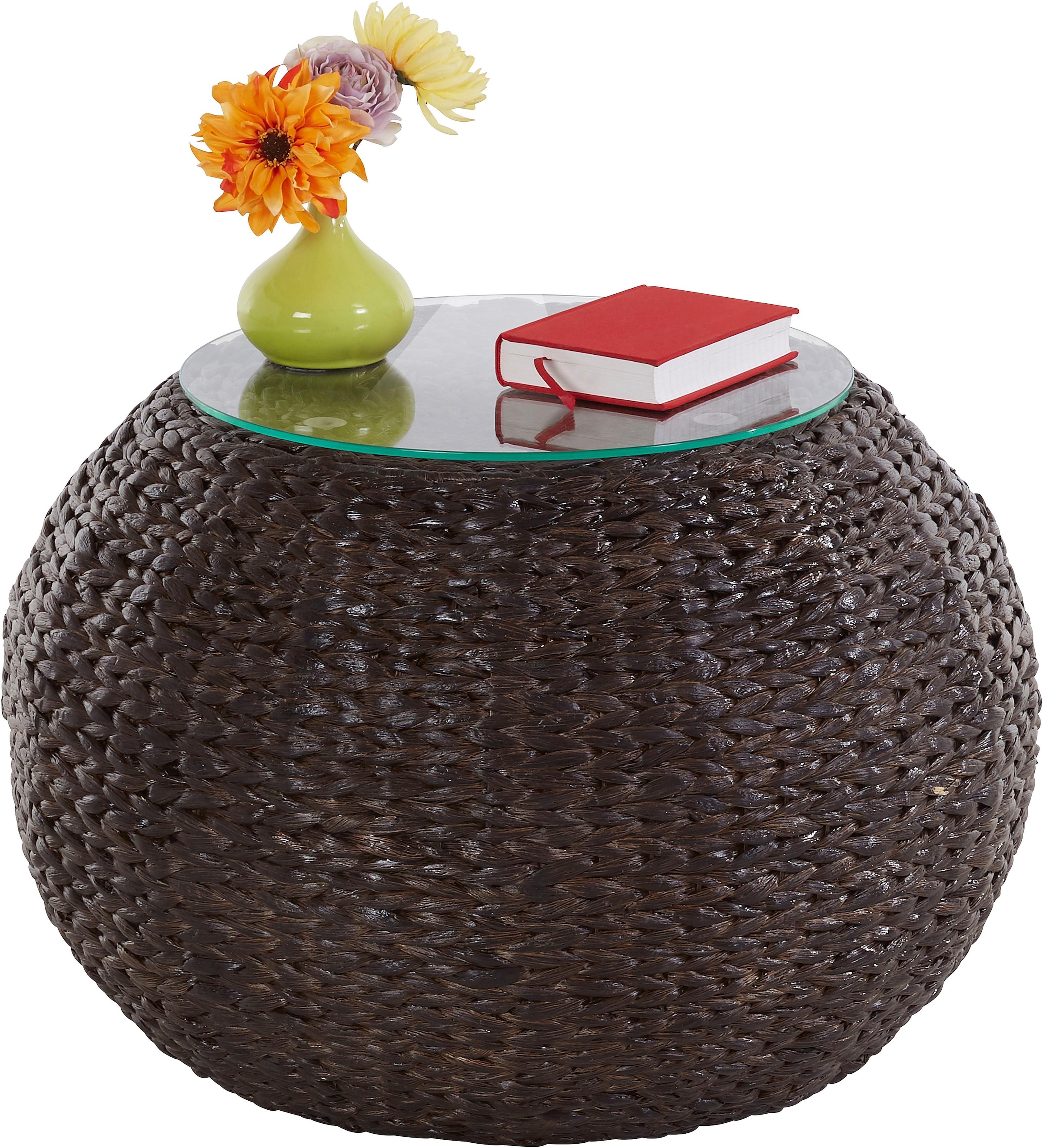 Home affaire Beistelltisch »Cedarville«, aus Wasserhyazinthengeflecht, mit Glastischplatte, Durchmesser 60 cm