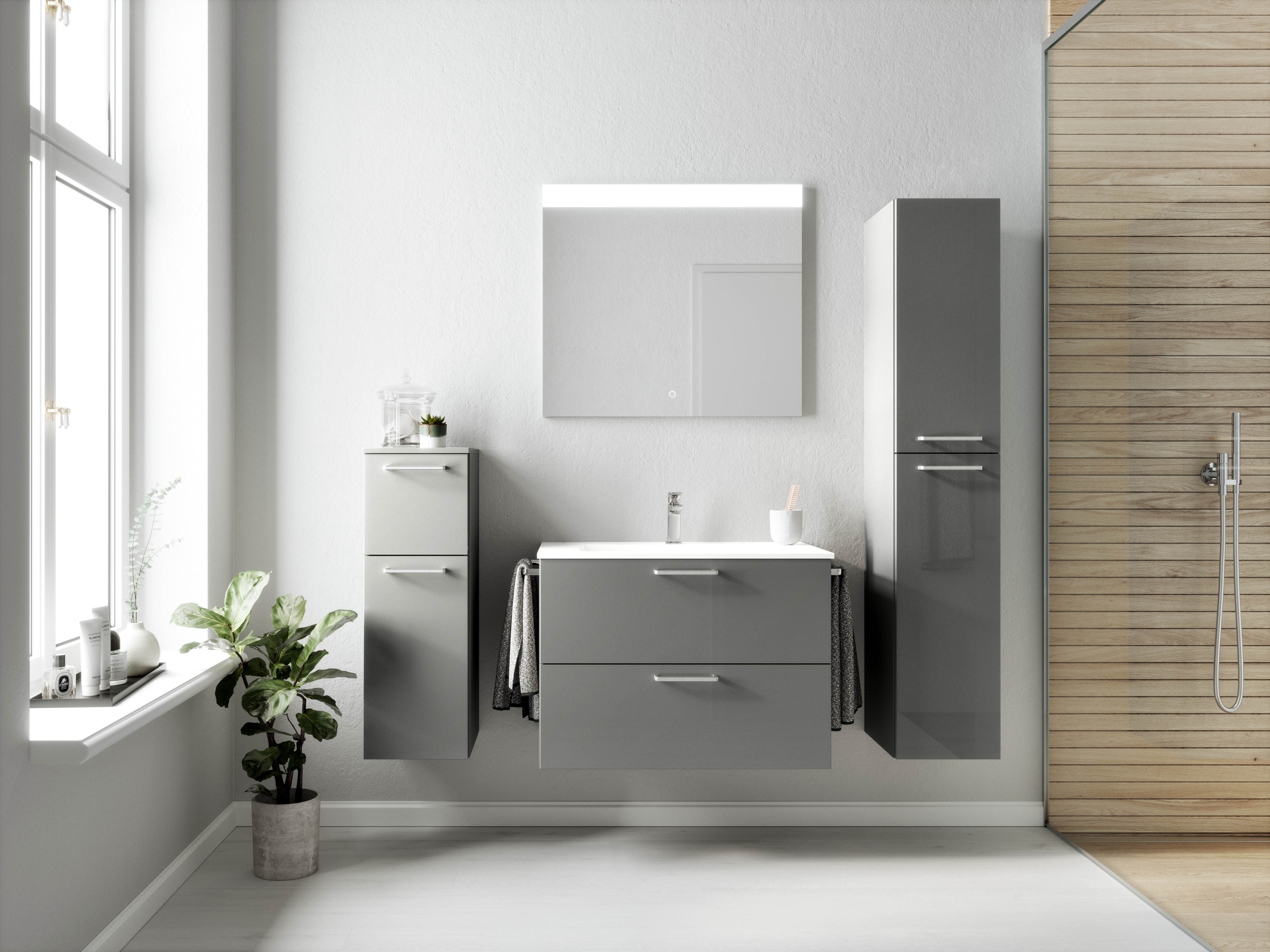nobilia® Badmöbel-Set »Tolvina«, (4 St., vormontiert, mit Soft-Close), Hochglanz, inkl. Spiegel mit Touch-Sensor, in vier Breiten
