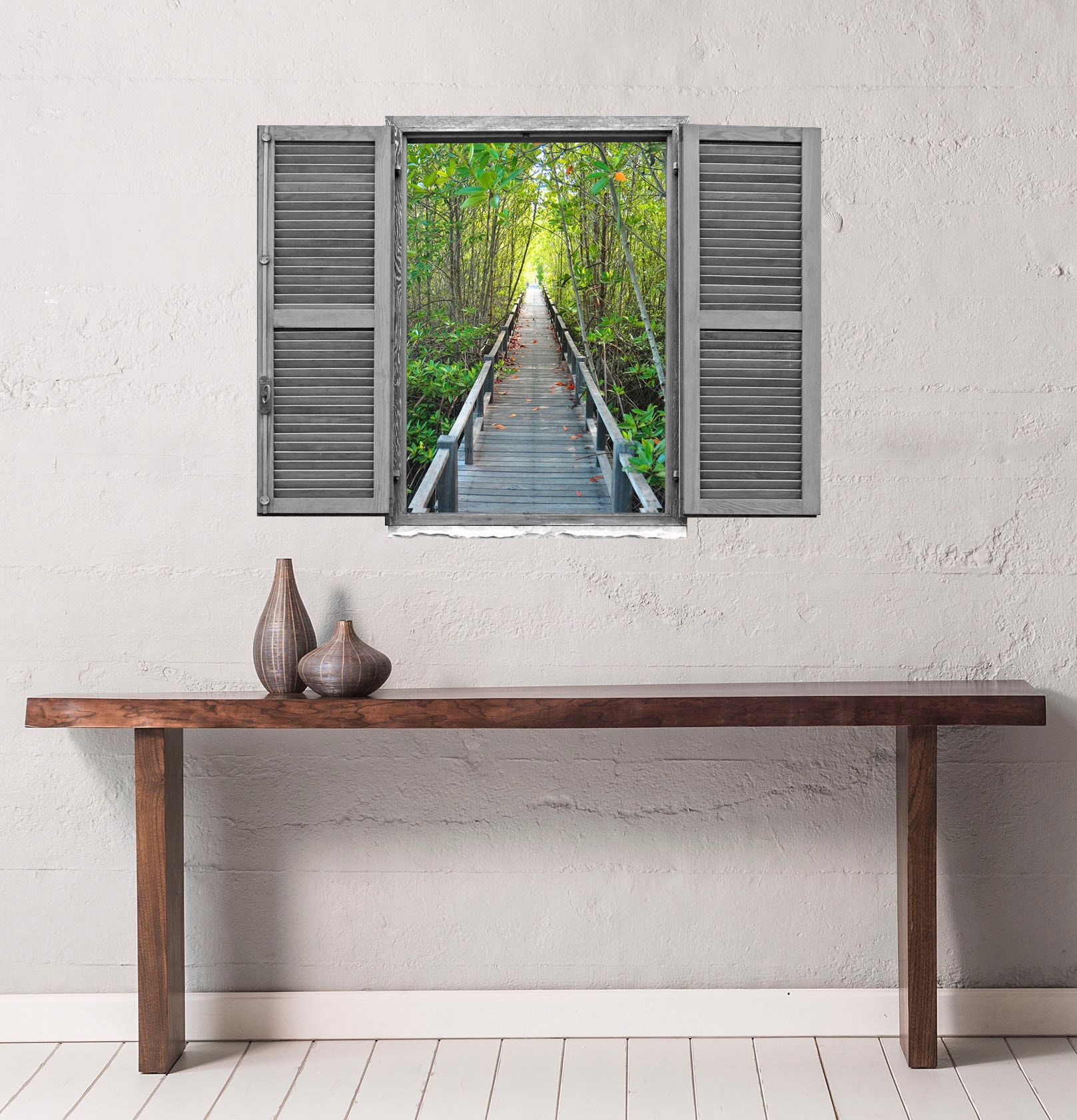 queence Wandtattoo »Brücke im Wald« Wandsticker, Wandbild, selbstklebend, 3D, Fenster