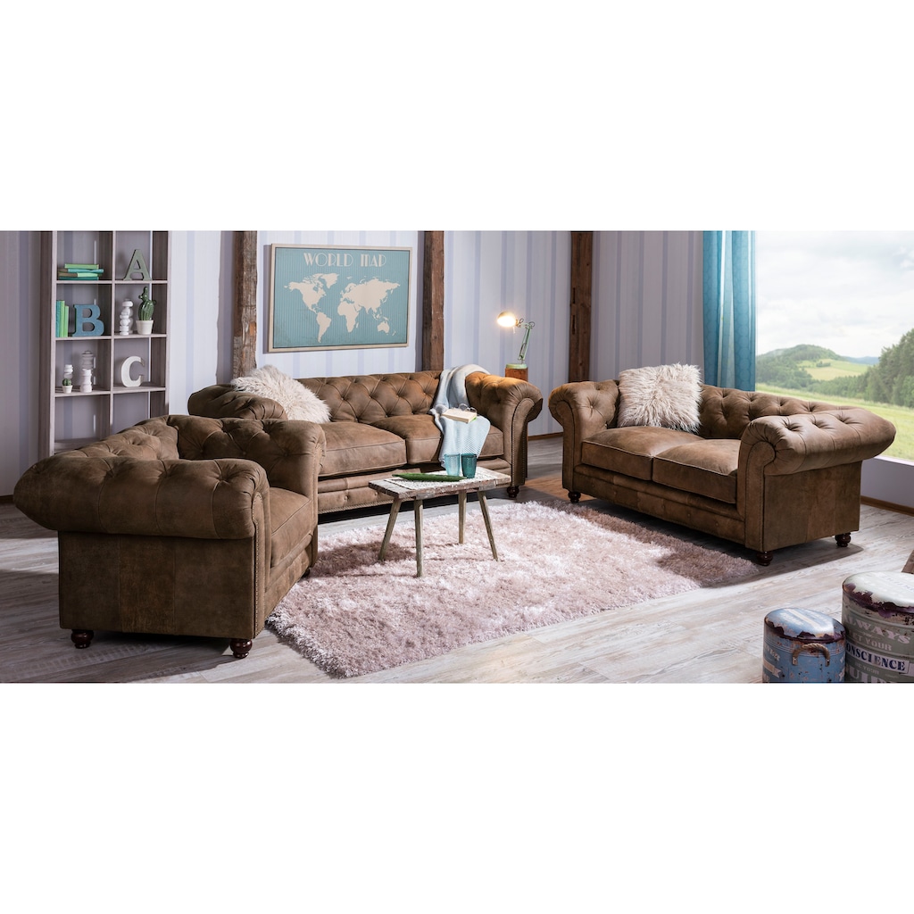 Max Winzer® Chesterfield-Sofa »Old England«, 2,5-Sitzer Ledersofa mit Knopfheftung & Ziernägeln, Breite 218 cm