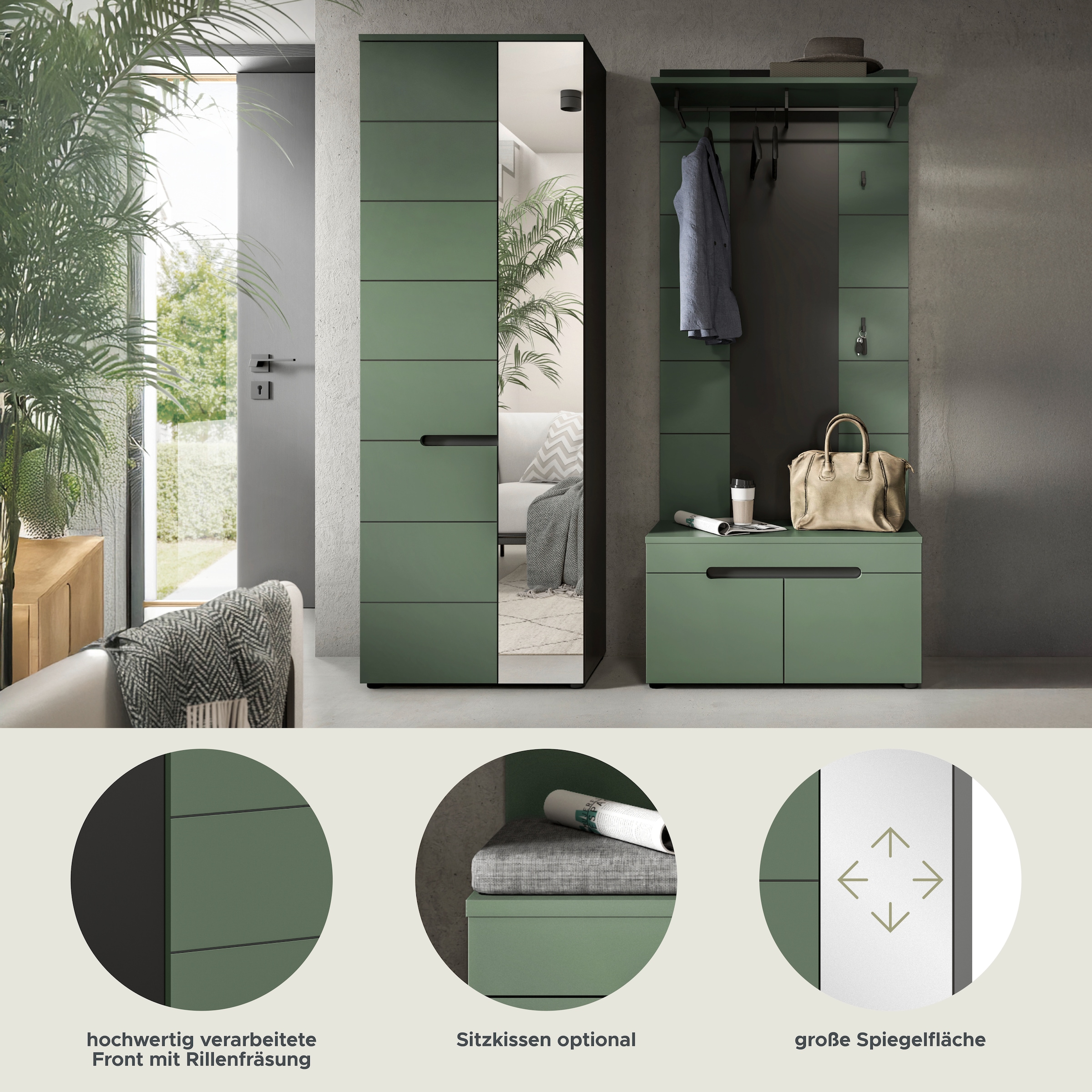 Home affaire Garderoben-Set »REHAT, TOPSELLER!, 3-teilig, Breite 160 cm, individuell erweiterbar« Set, bestehend aus: Garderobenschrank, Sitzbank und Paneel, 3 Stk. tlg.